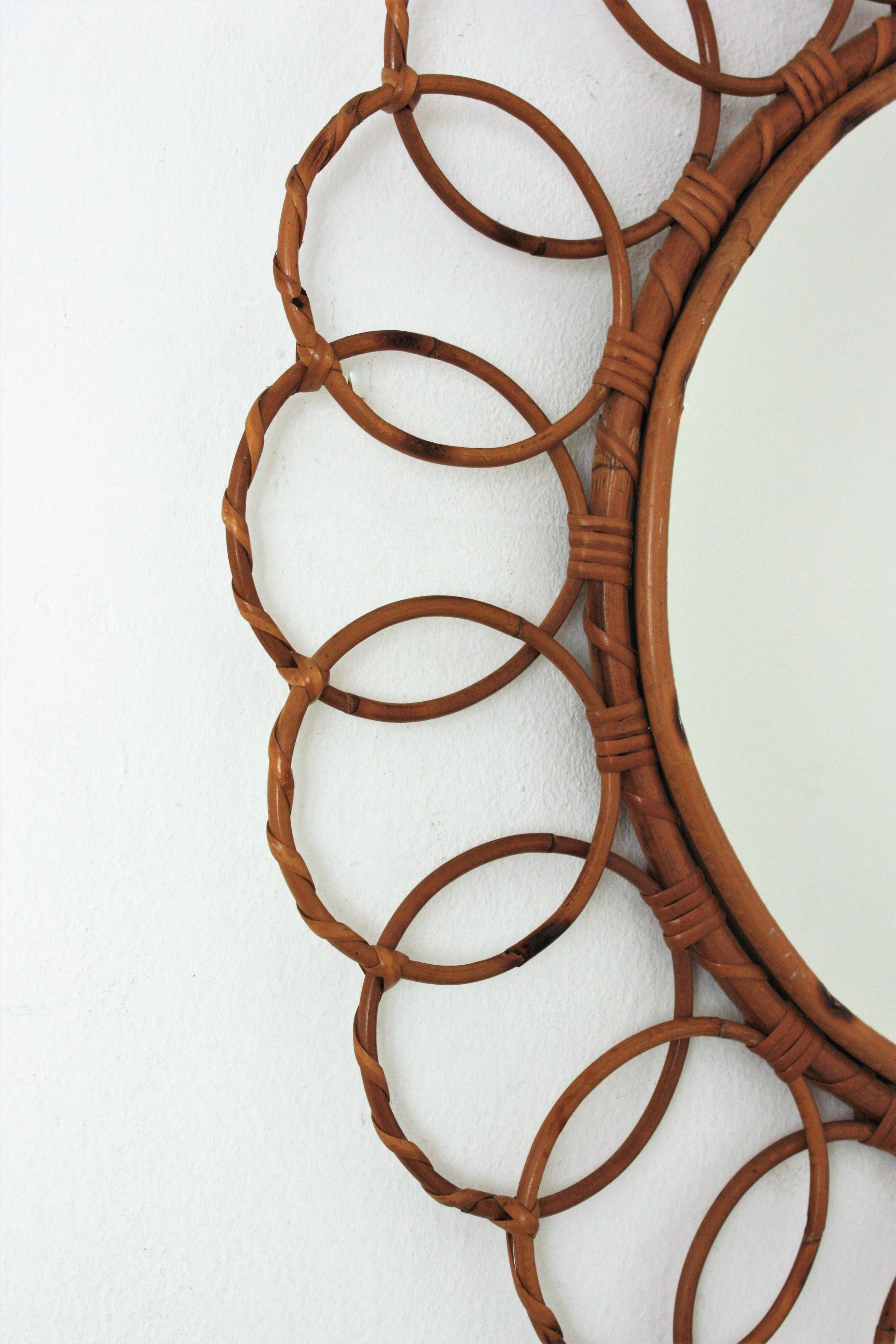 Bamboo Rattan Round Mirror with Rings Frame, 1960s