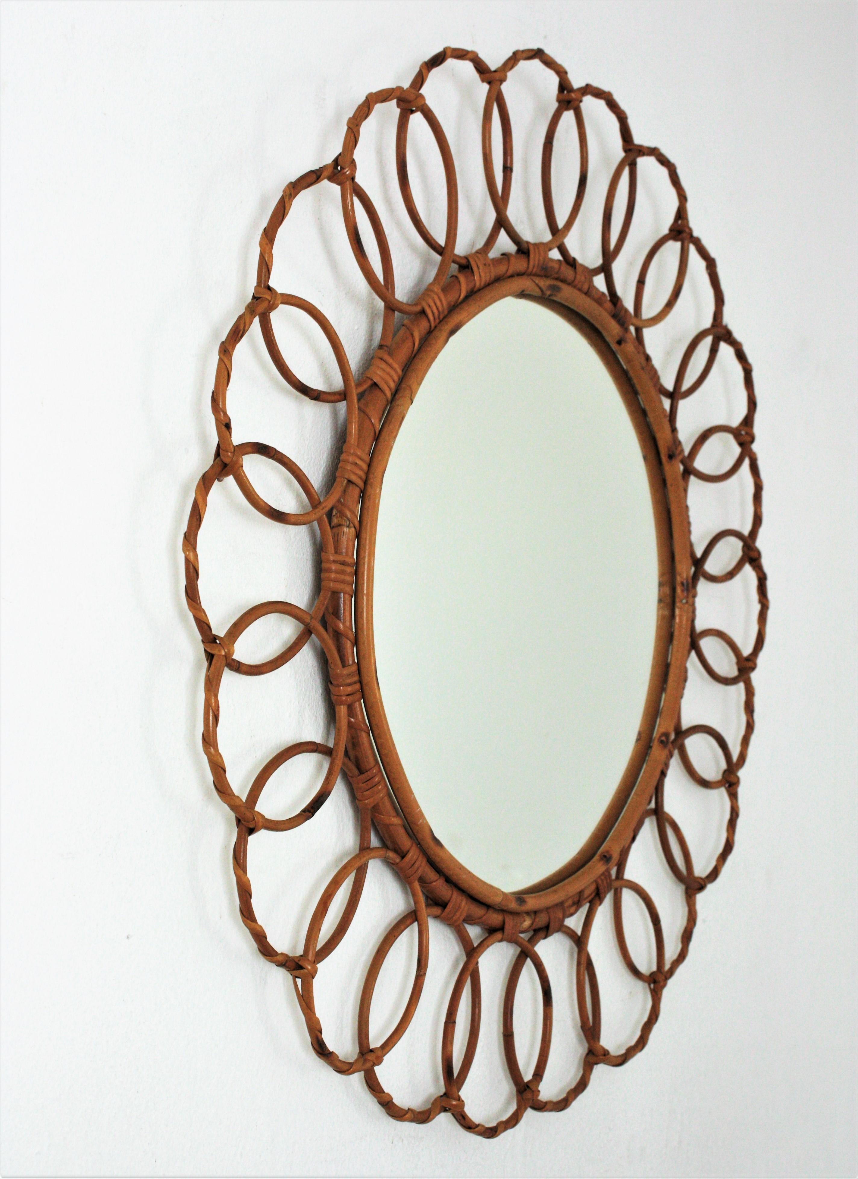 Rattan Round Mirror with Rings Frame, 1960s 1
