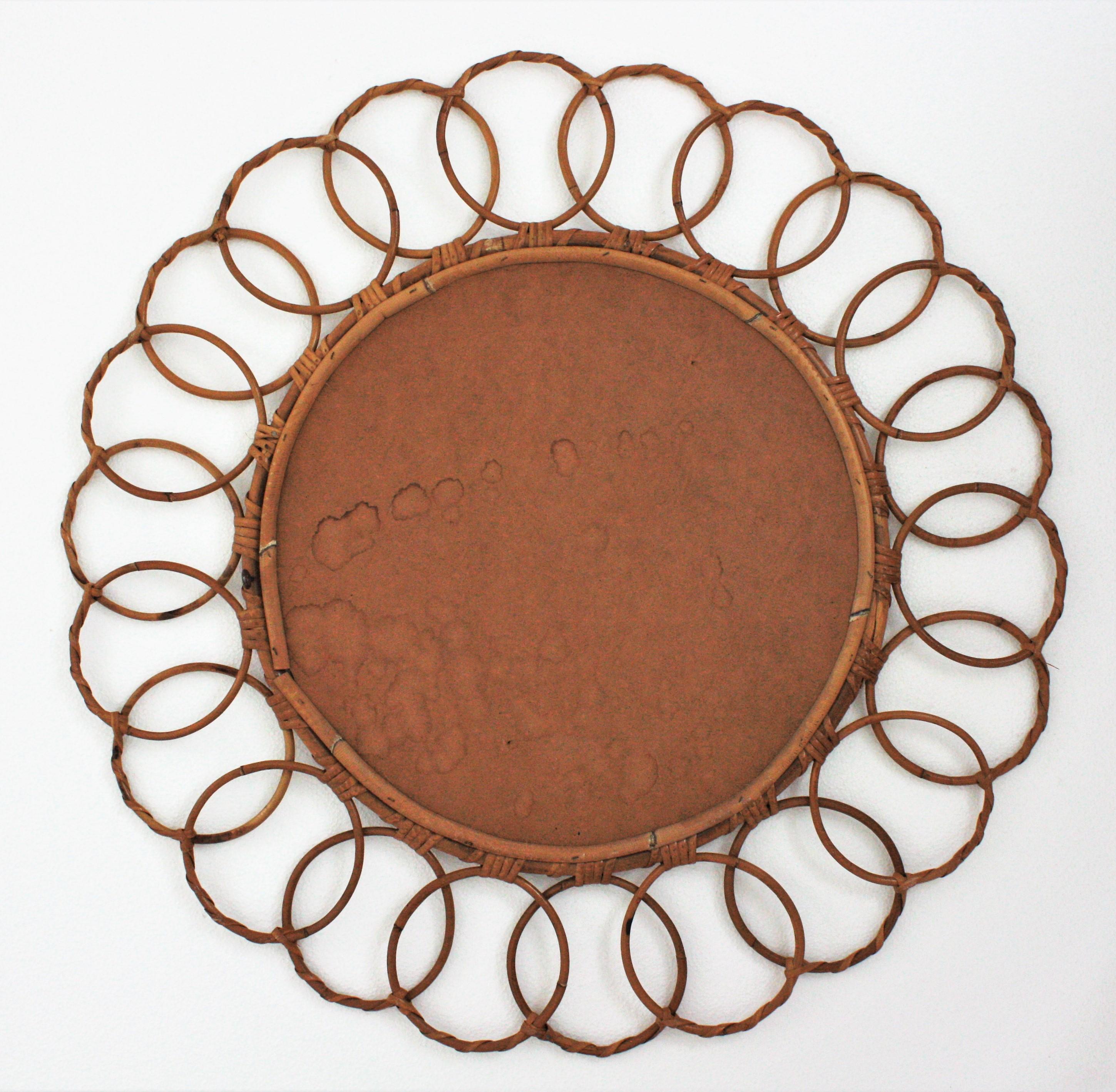 Rattan Round Mirror with Rings Frame, 1960s 2