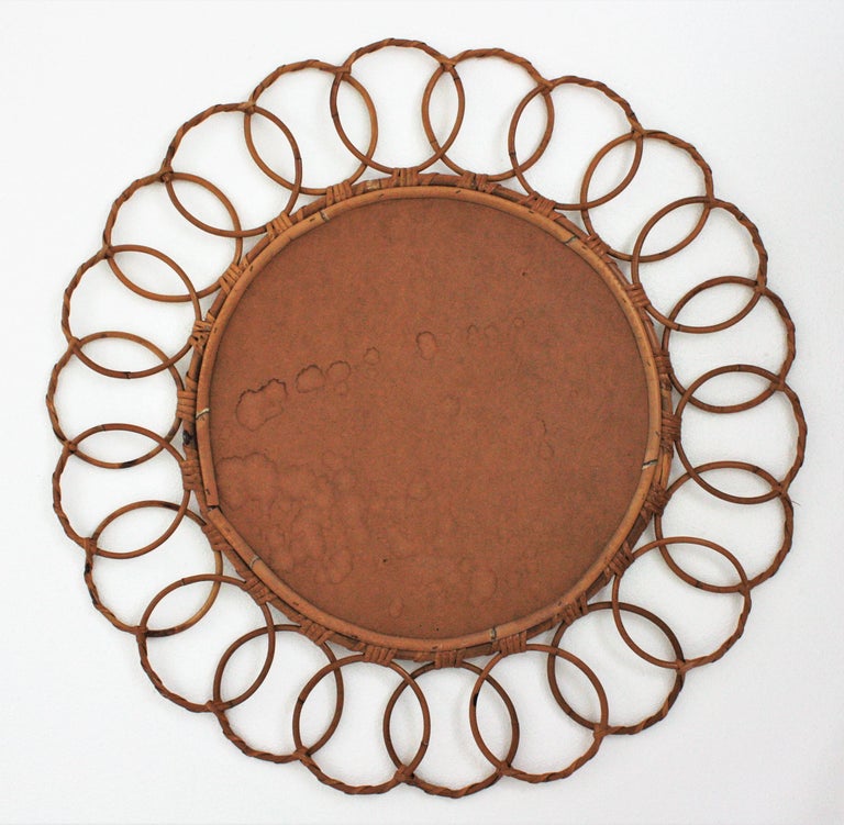 Rattan Round Mirror with Rings Frame, 1960s at 1stDibs
