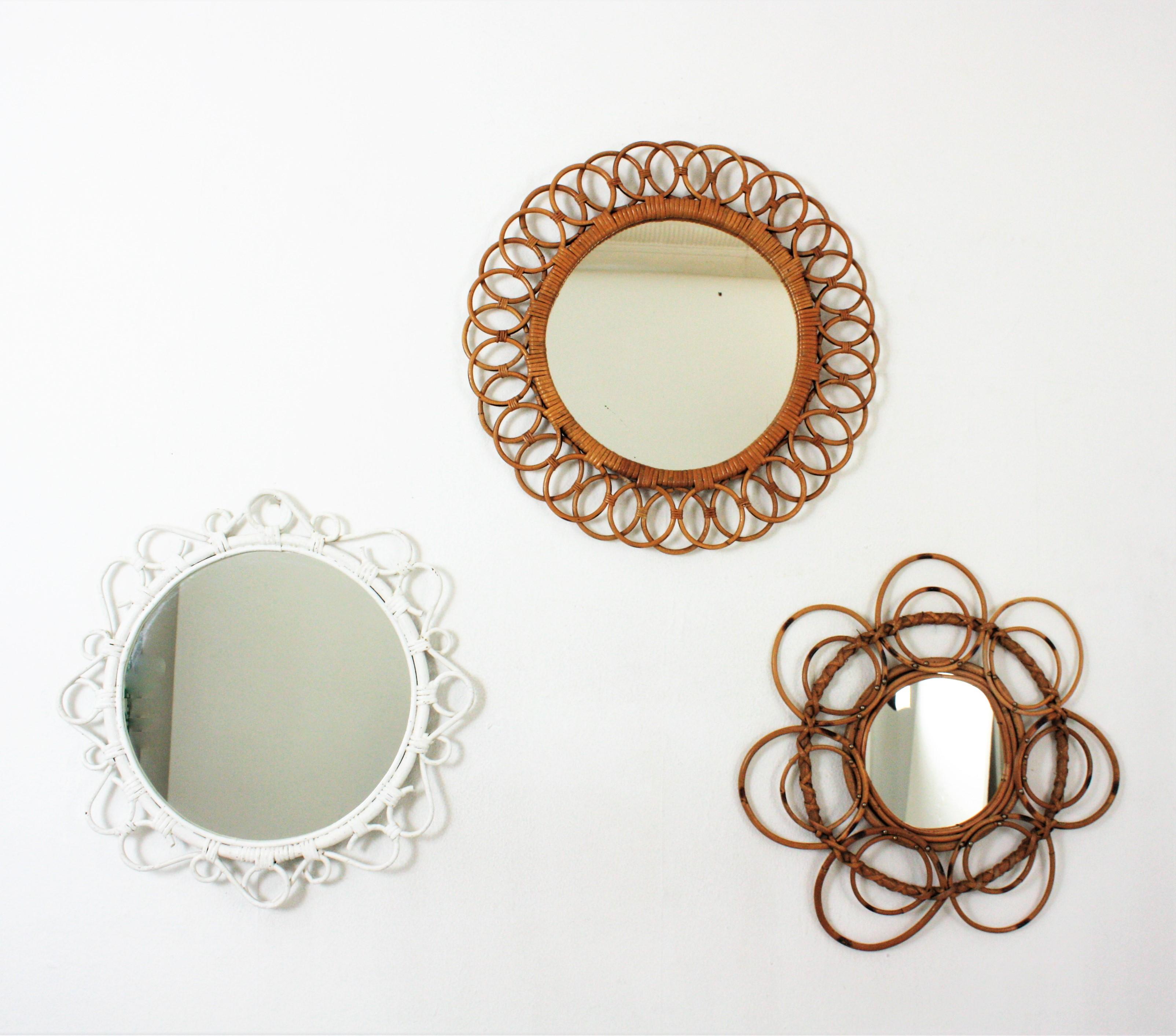 Rattan Round Mirror with Scroll Details and White Patina For Sale 1