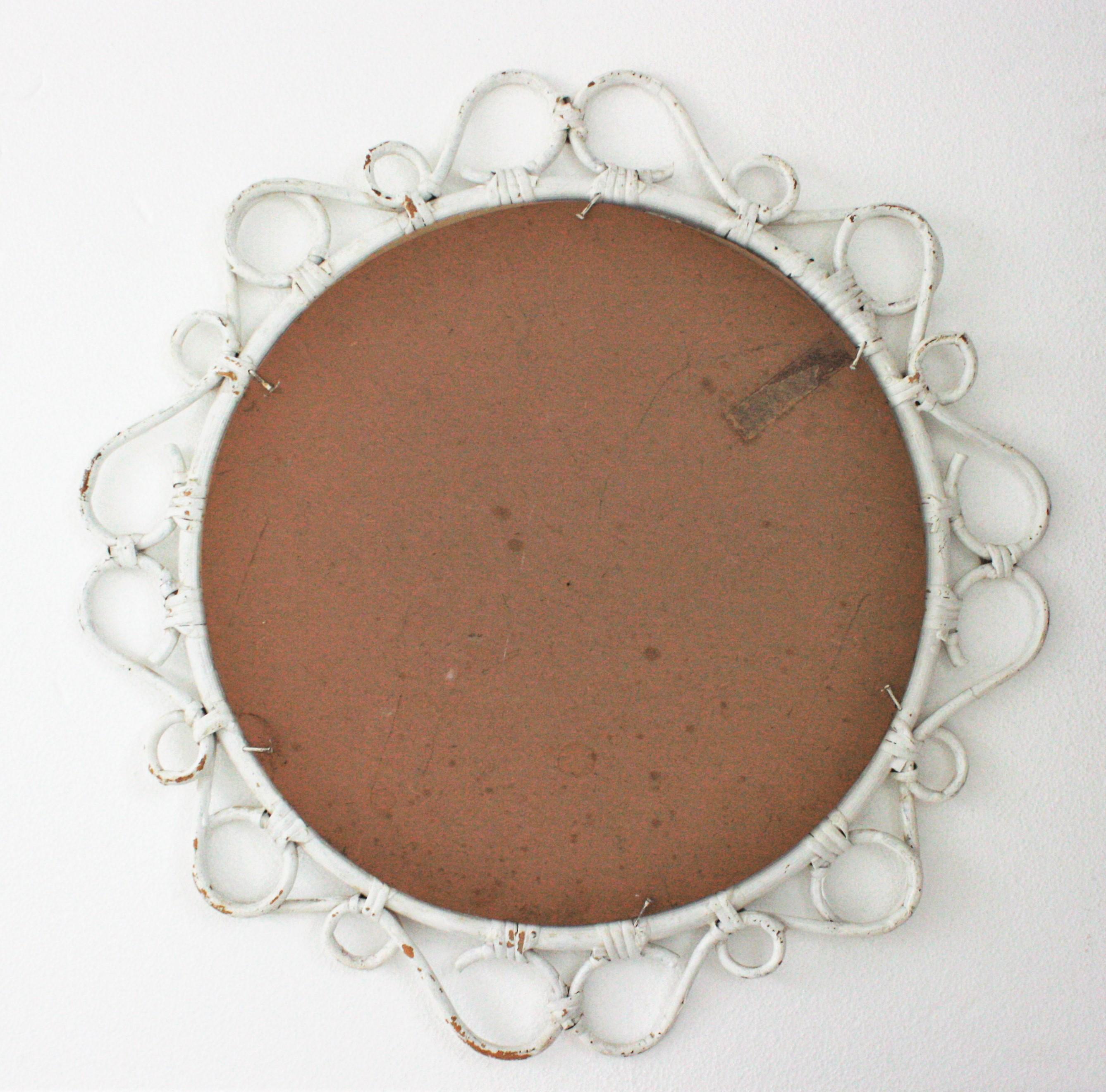 Rattan Round Mirror with Scroll Details and White Patina For Sale 3