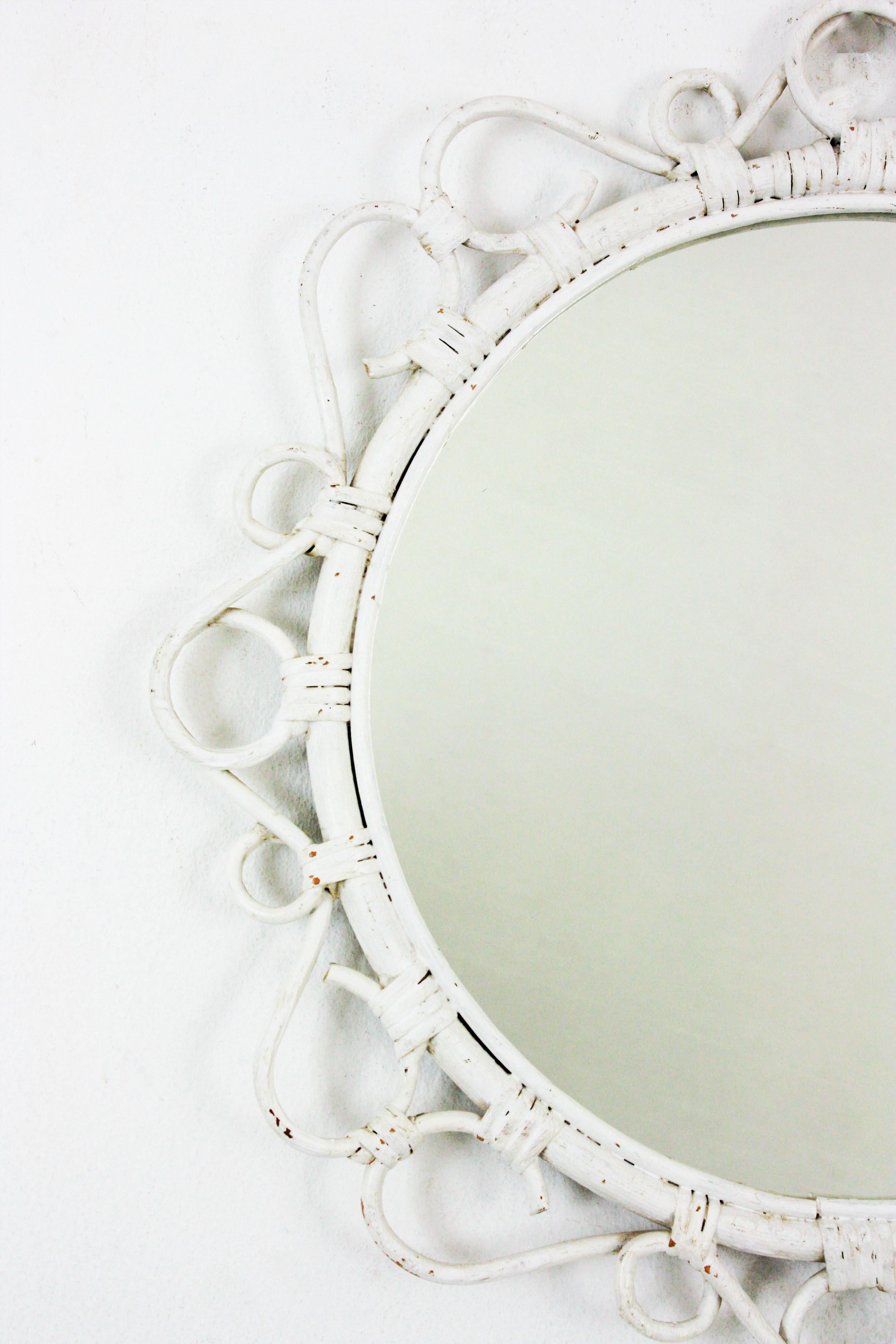 Mid-Century Modern Rattan Round Mirror with Scroll Details and White Patina For Sale
