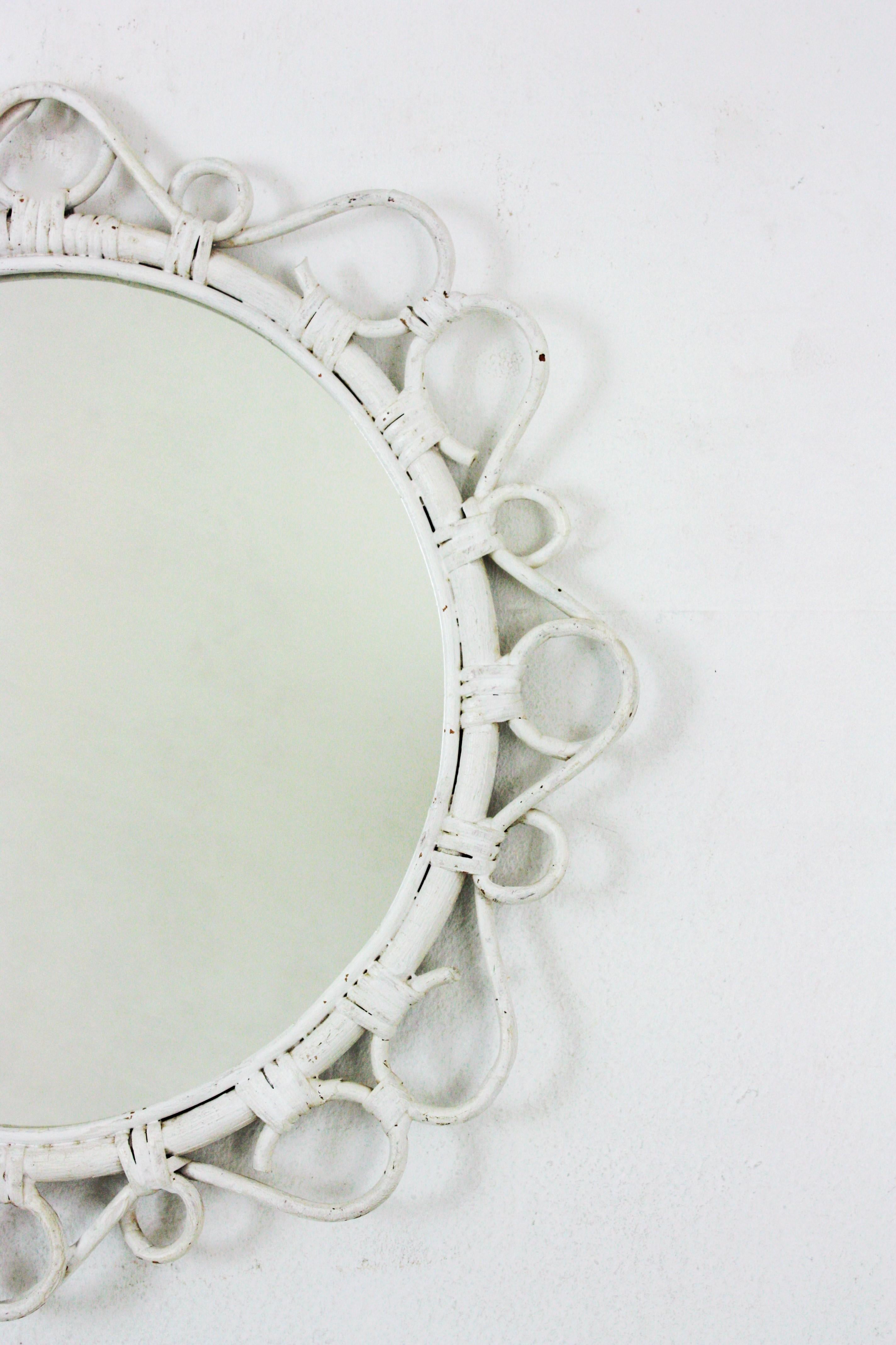 Spanish Rattan Round Mirror with Scroll Details and White Patina For Sale