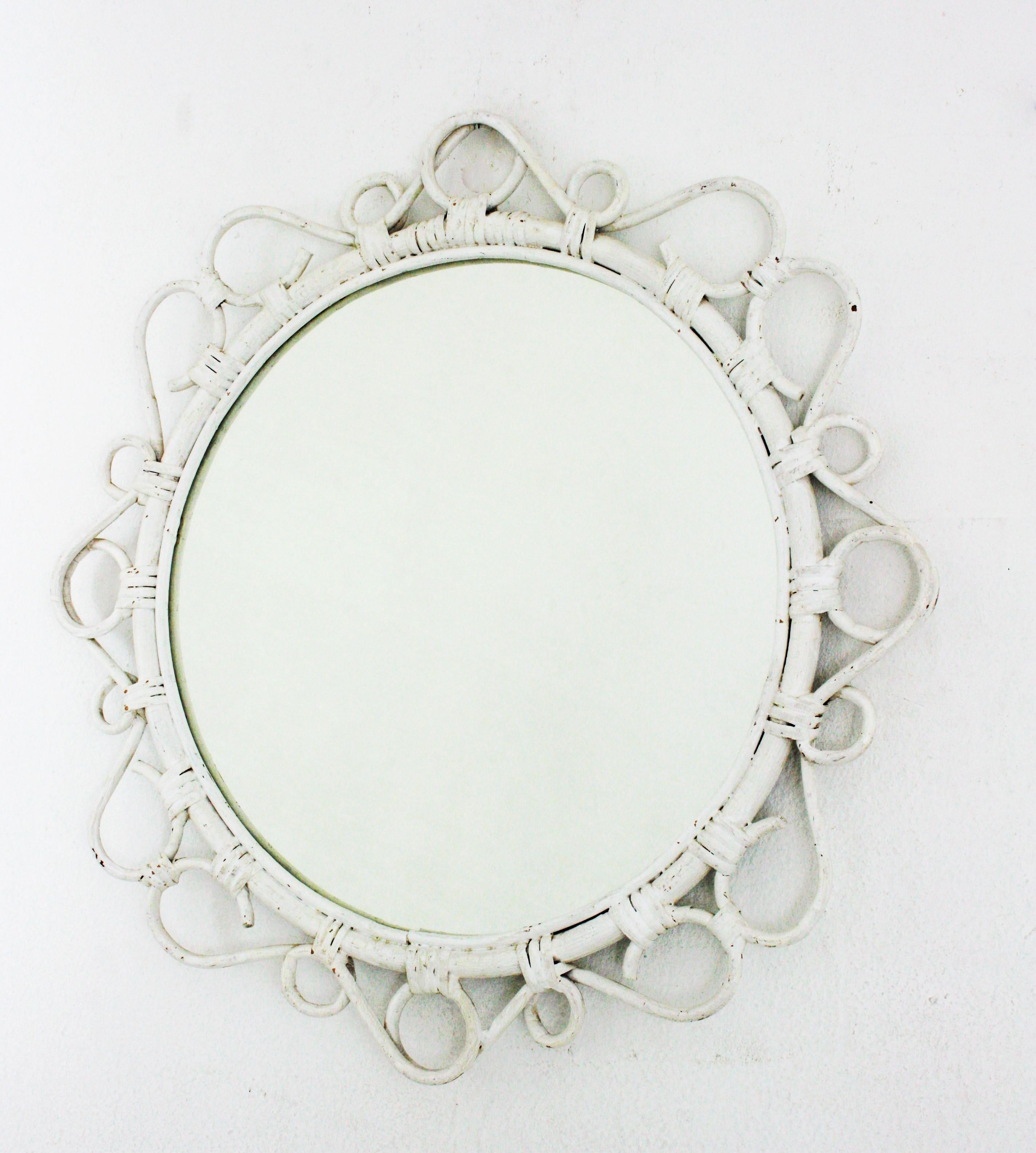 Painted Rattan Round Mirror with Scroll Details and White Patina For Sale