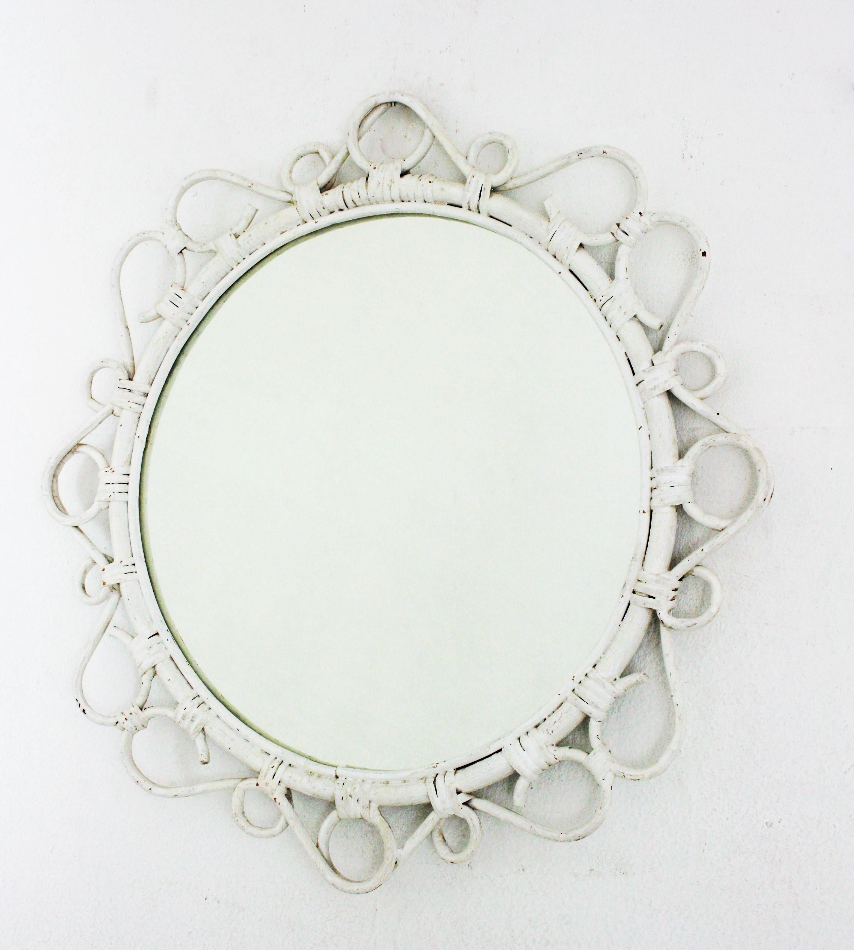 Mid-Century Modern Spanish White Patinated Rattan Round Mirror with Scroll Details, 1960 For Sale