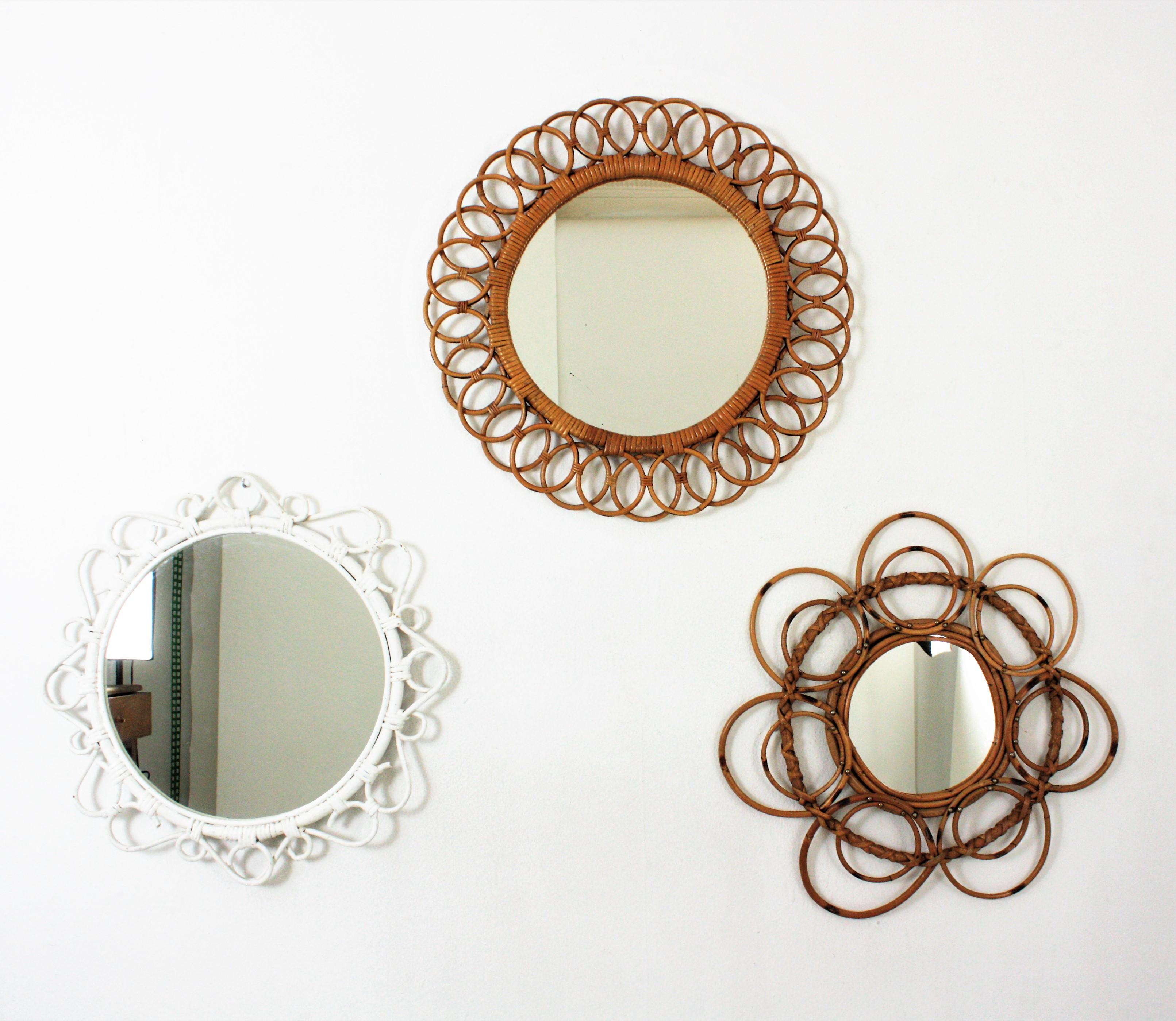 Spanish Rattan Round Mirror with Scroll Details and White Patina For Sale