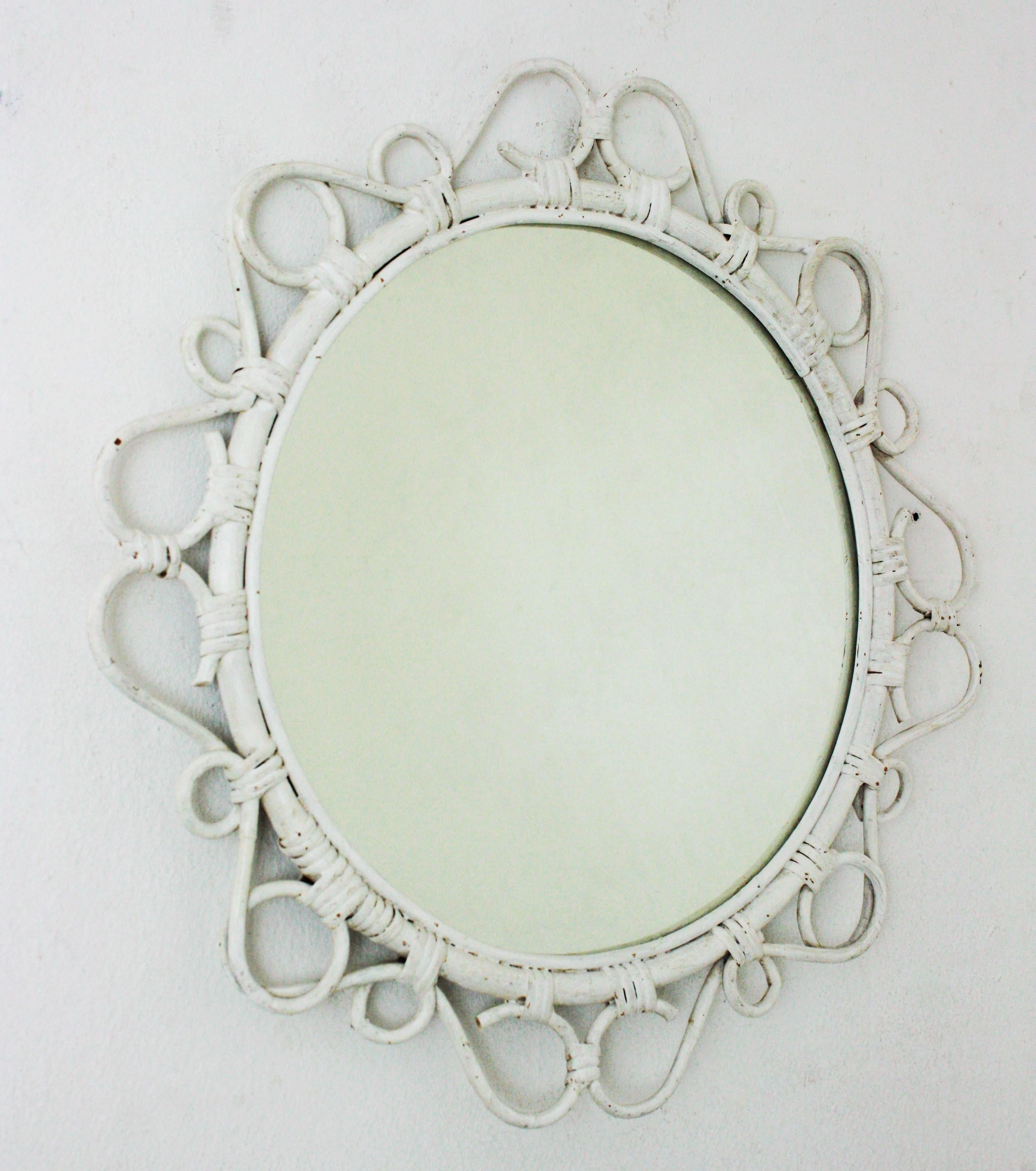 20th Century Rattan Round Mirror with Scroll Details and White Patina For Sale