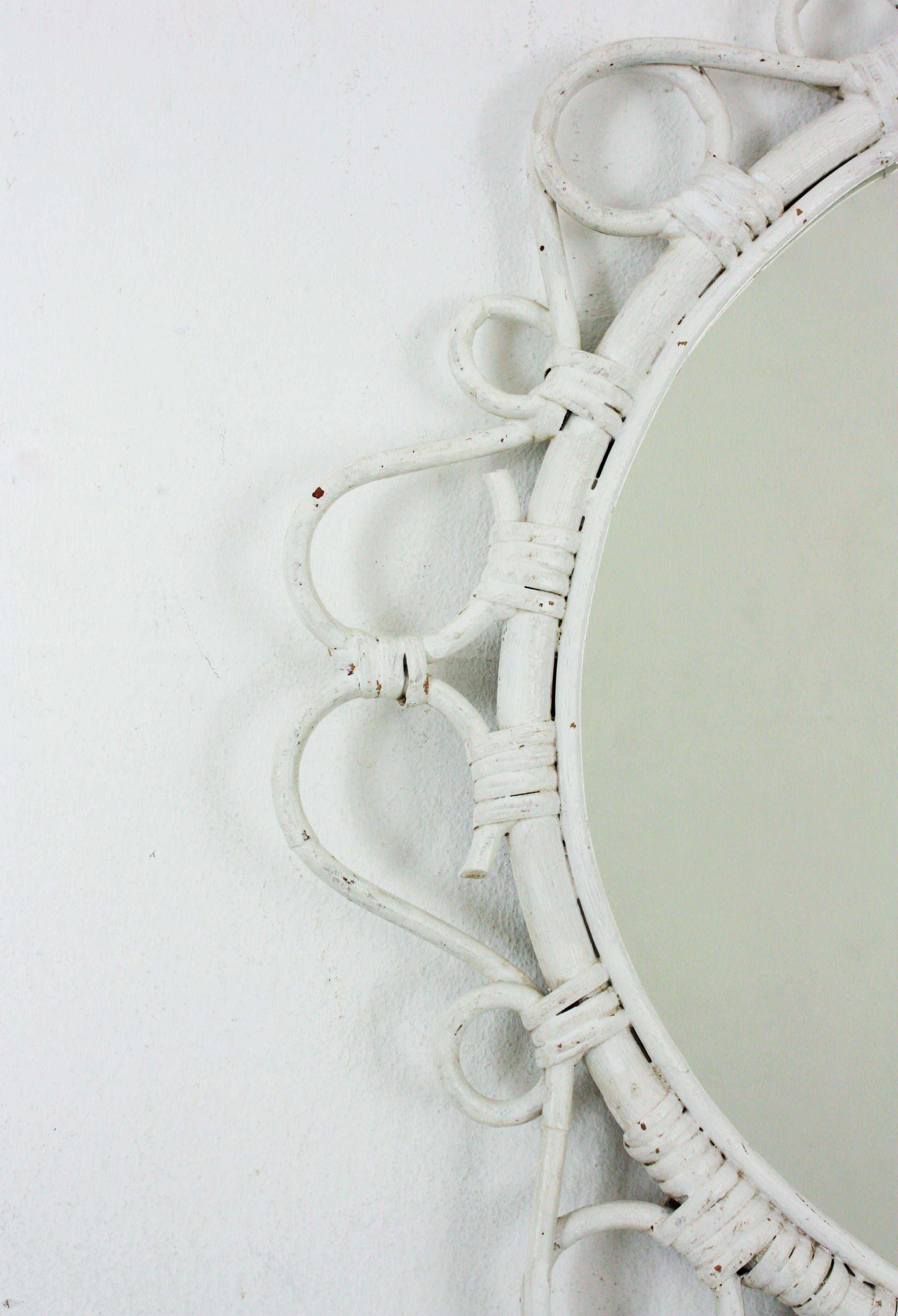 Cane Rattan Round Mirror with Scroll Details and White Patina For Sale