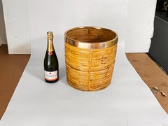 Rattan Round Planters with Brass Rim, Italy, 1970s Gabriela Crespi Style