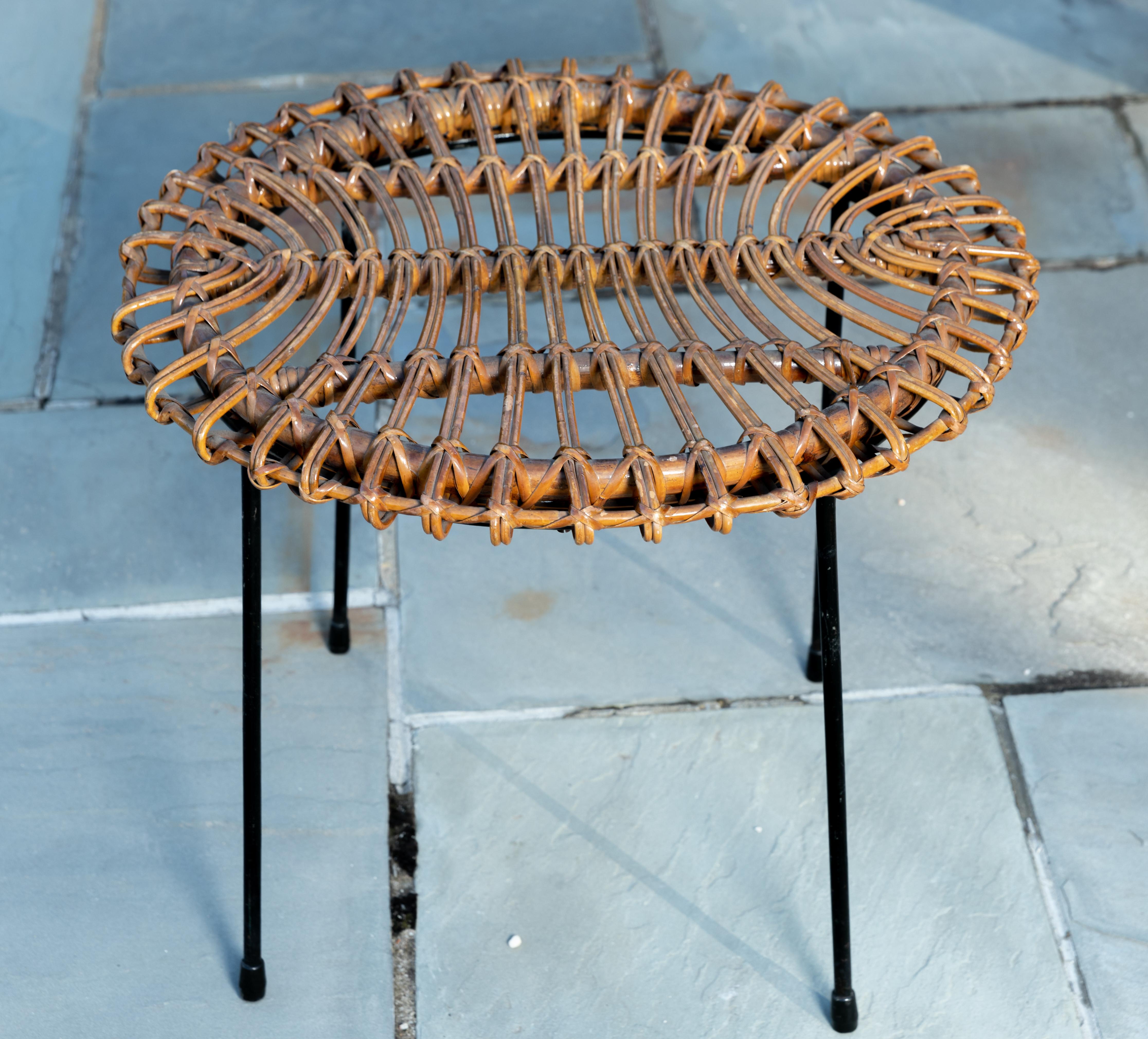 Mid-Century Modern Rattan Round Side Table with Black Metal Base