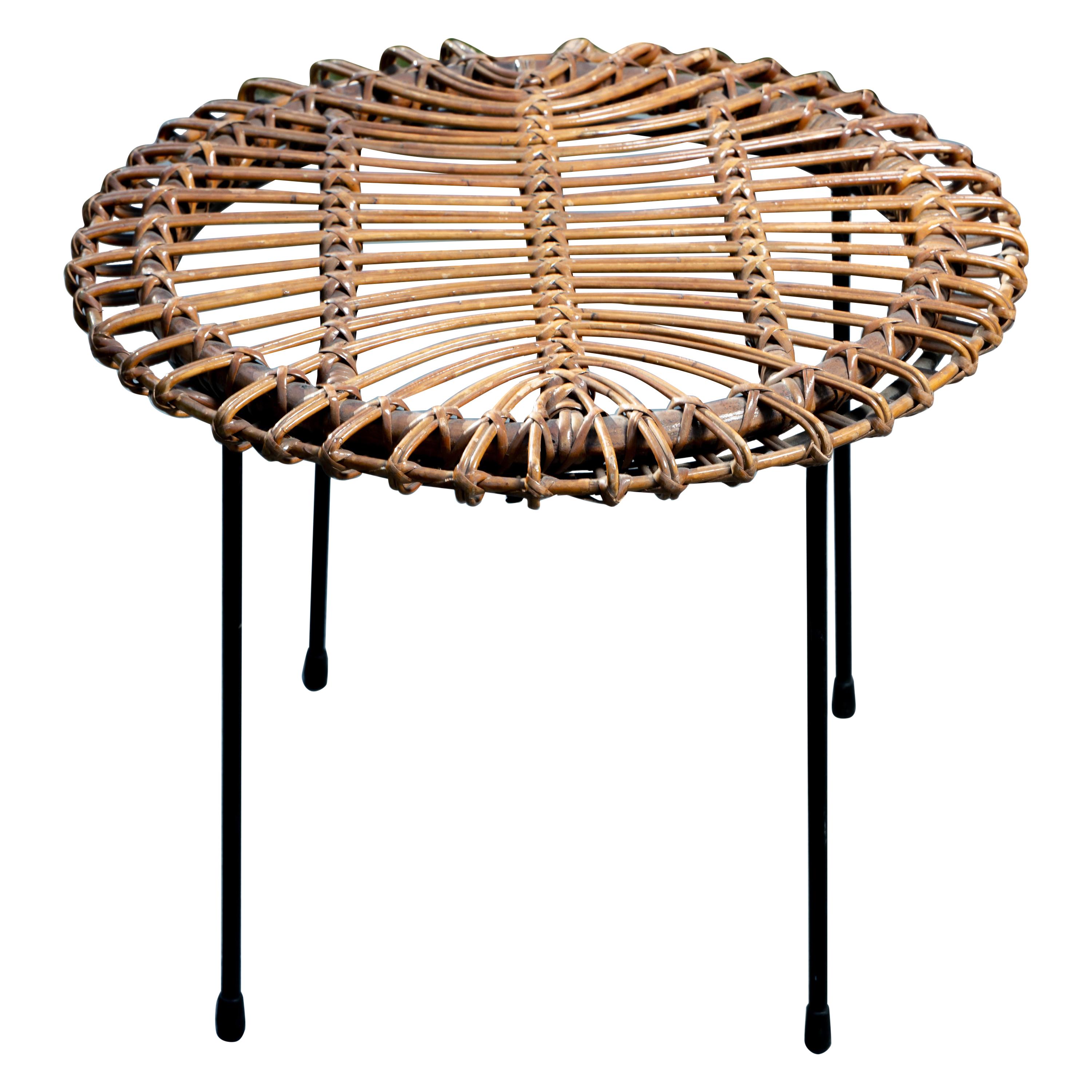 Rattan Round Side Table with Black Metal Base
