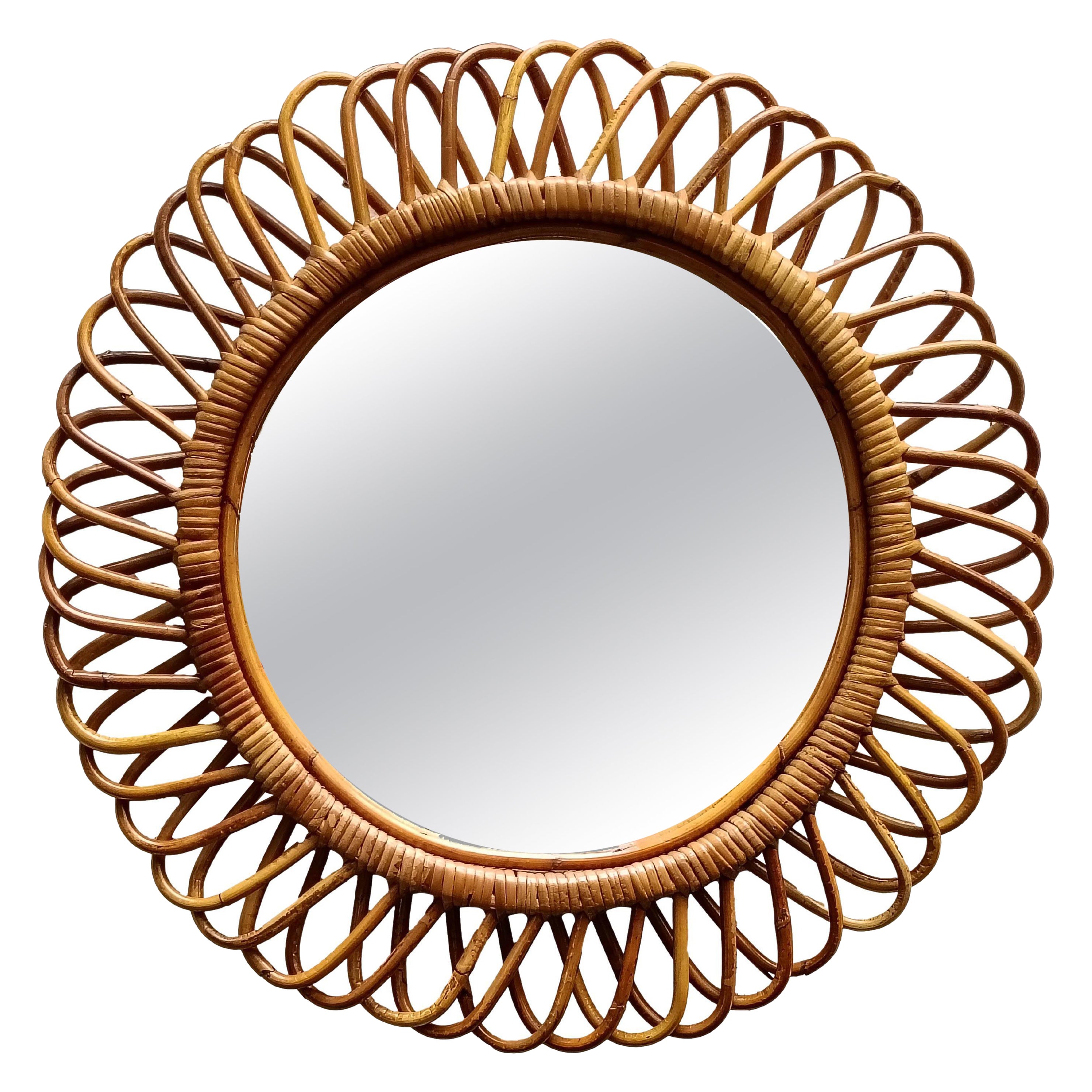 Rattan Round Wall Mirror, Italy 1960s