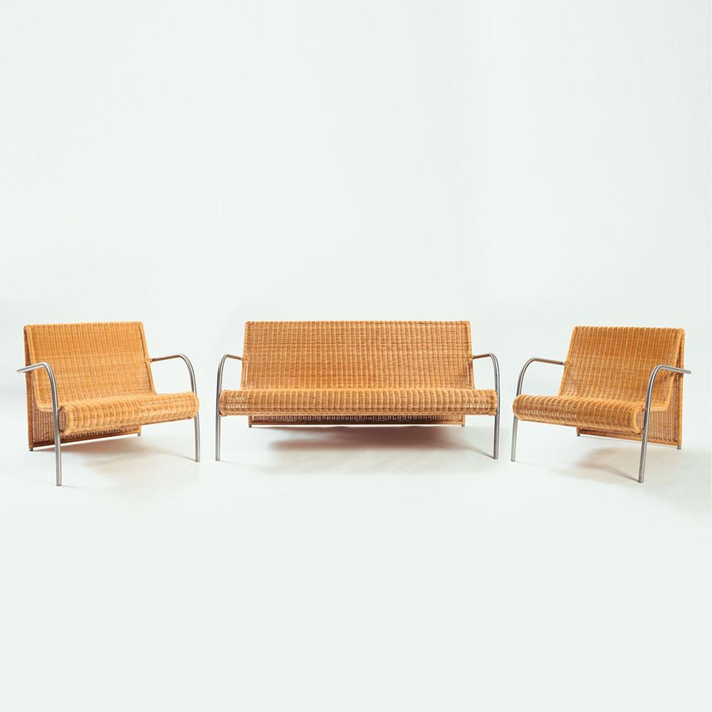 Beautiful set of 3 natural rattan seats; 
2 lounge seats and 1 sofa.
Incredible waterfall back side.

The Lounge Seats are wide, so you have a lot of seating space. 
The comfort of the seating is high, but ofcourse you can always put pillows or