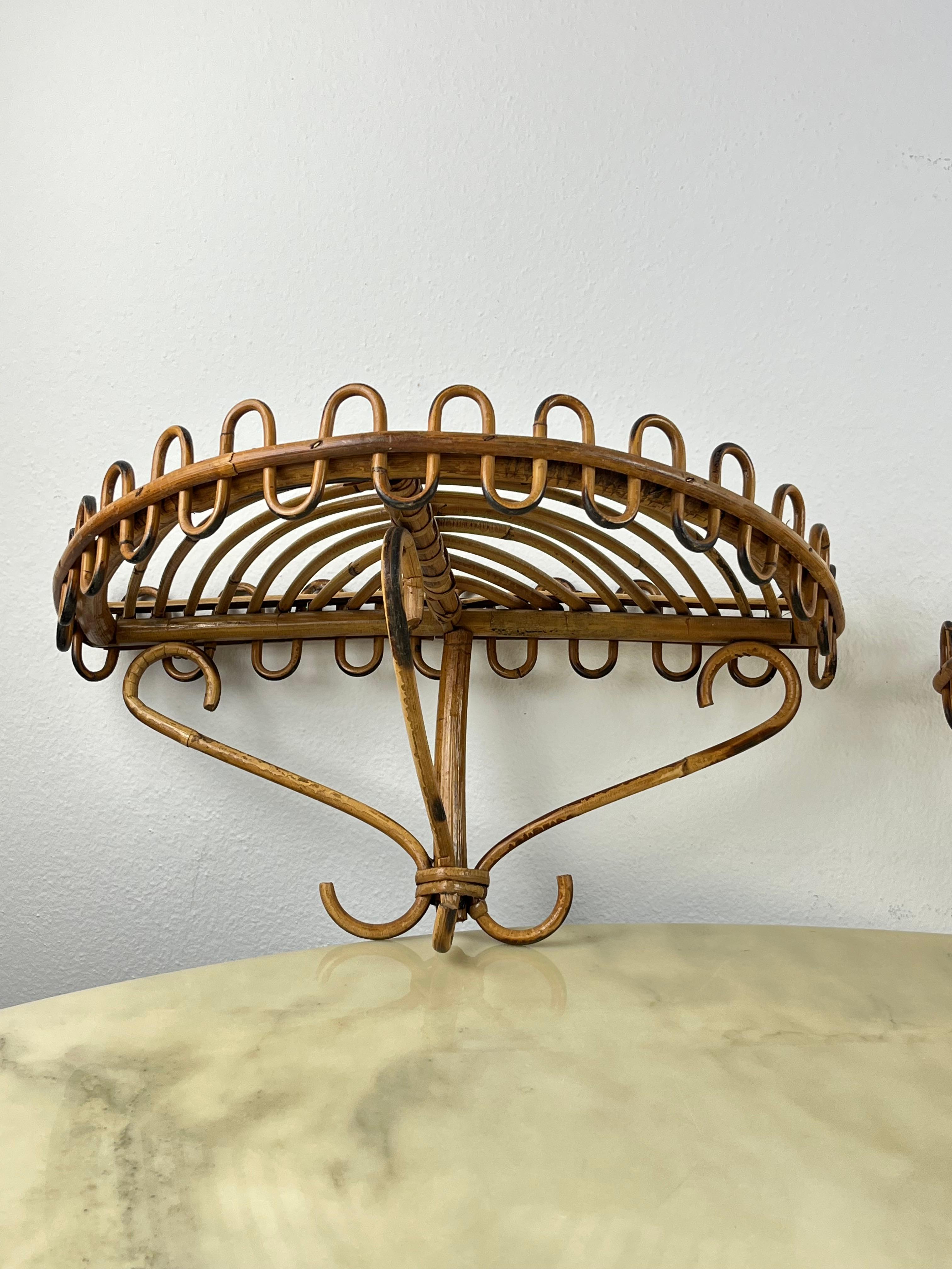 Rattan Set of 2 Small Wall Bedside Tables or Rattan Shelves, Italy, 1970s 4