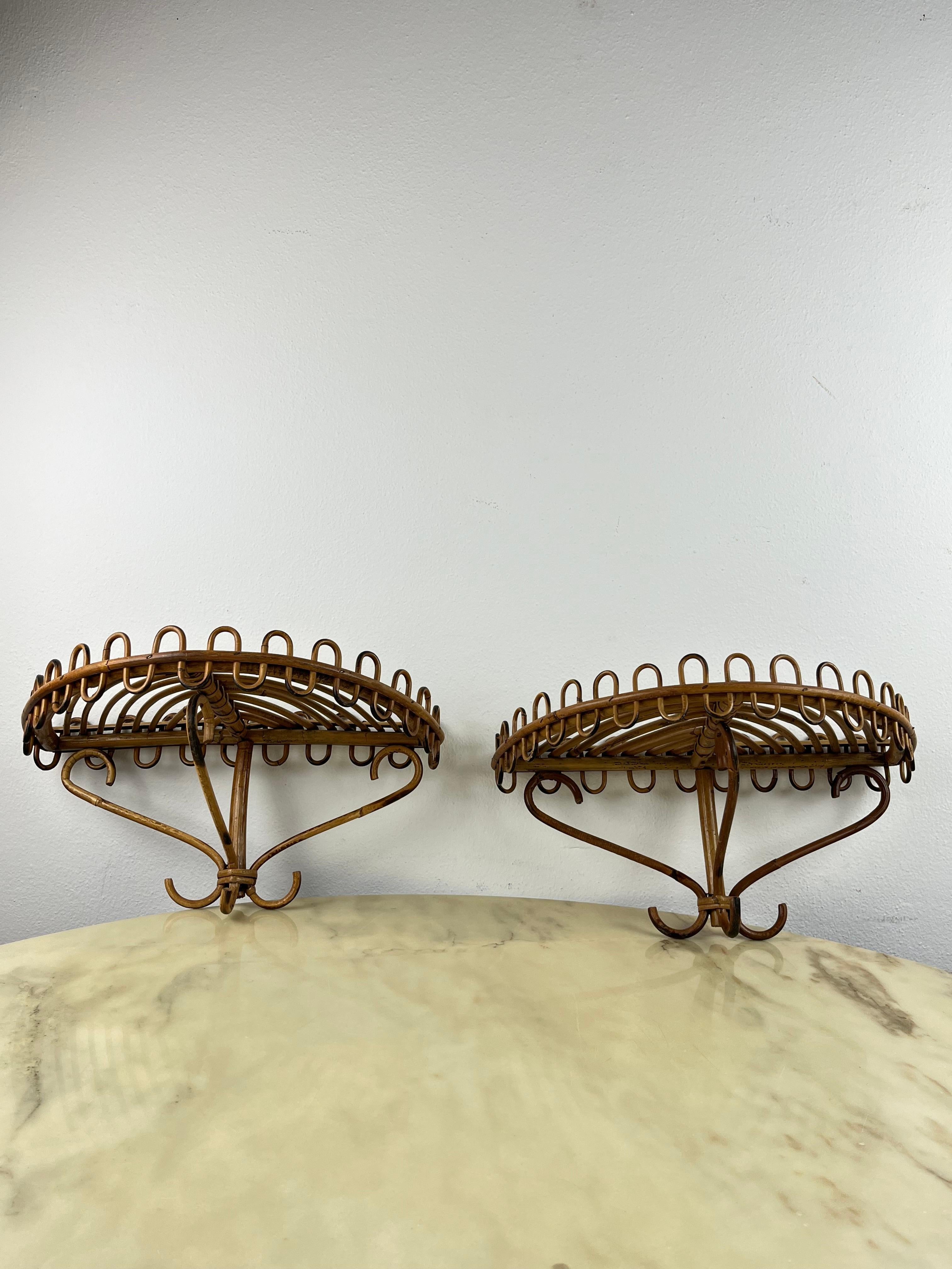 Rattan Set of 2 Small Wall Bedside Tables or Rattan Shelves, Italy, 1970s 5