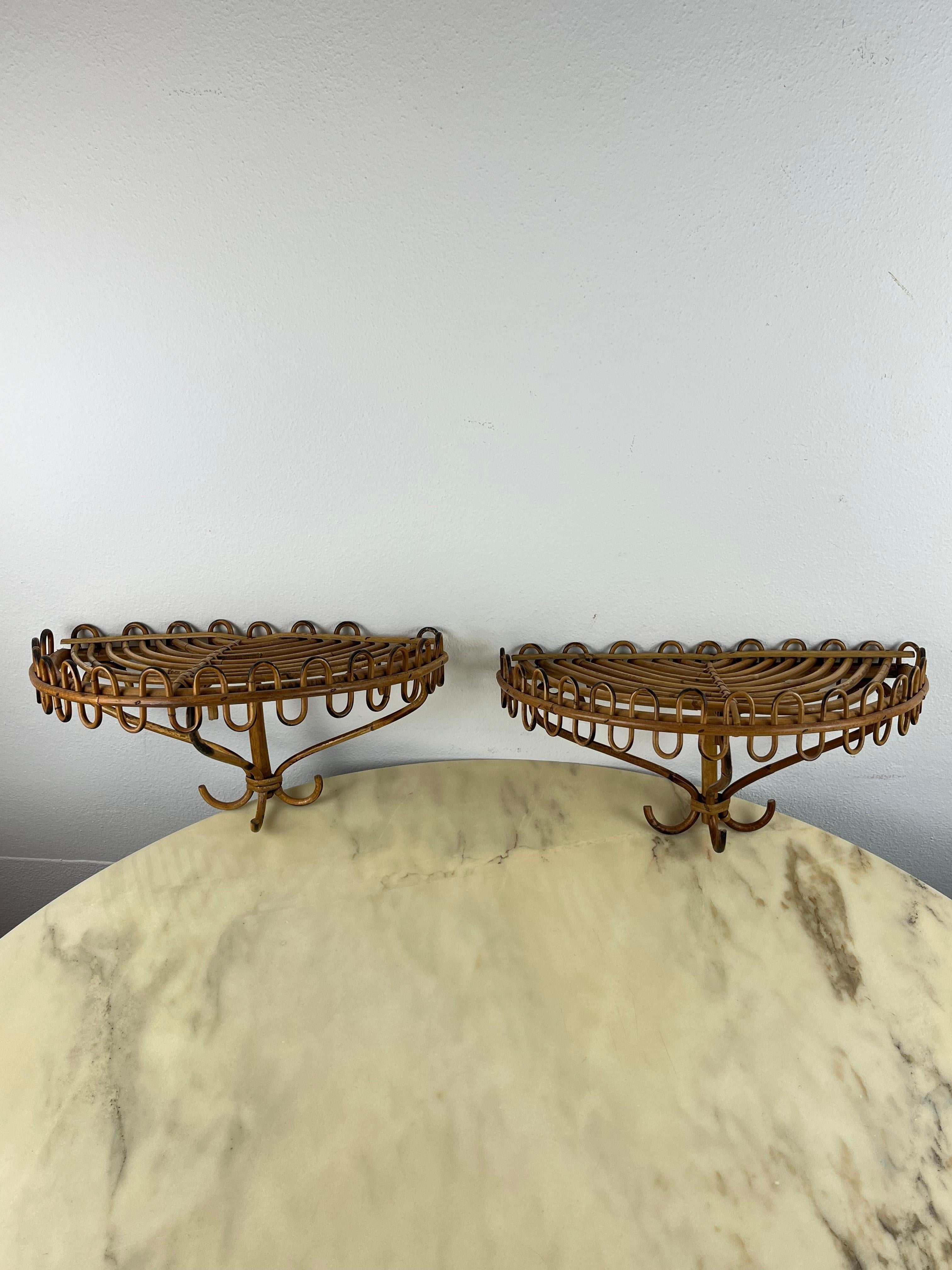 Rattan Set of 2 Small Wall Bedside Tables or Rattan Shelves, Italy, 1970s 6
