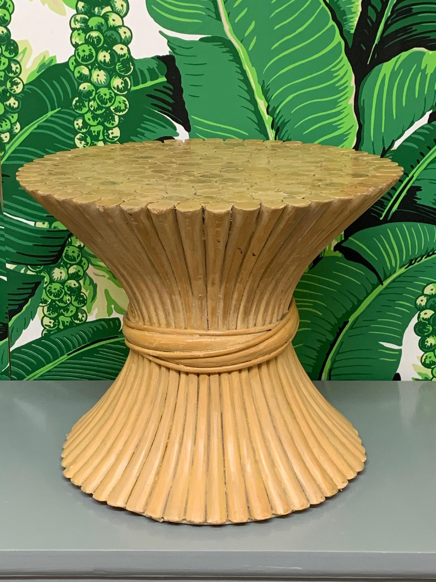 Sheaf of wheat rattan footstool or end table in the style of McGuire. Good condition with imperfections consistent with age, see photos for condition details.
For a shipping quote to your exact zip code, please message us.
