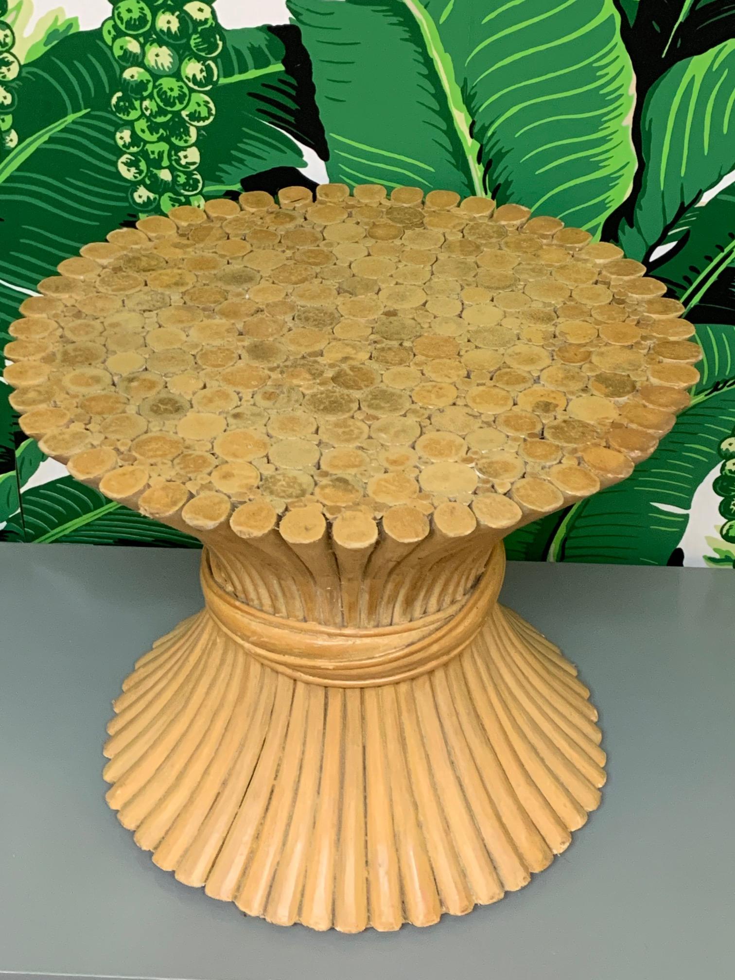Organic Modern Rattan Sheaf of Wheat Footstool or Side Table in the Manner of McGuire For Sale