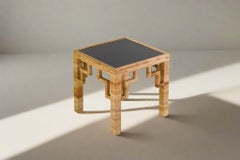 Rattan Side Table with Black Laquered Top
