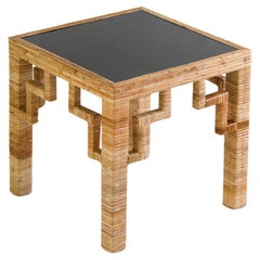 Rattan Side Table with Black Laquered Top