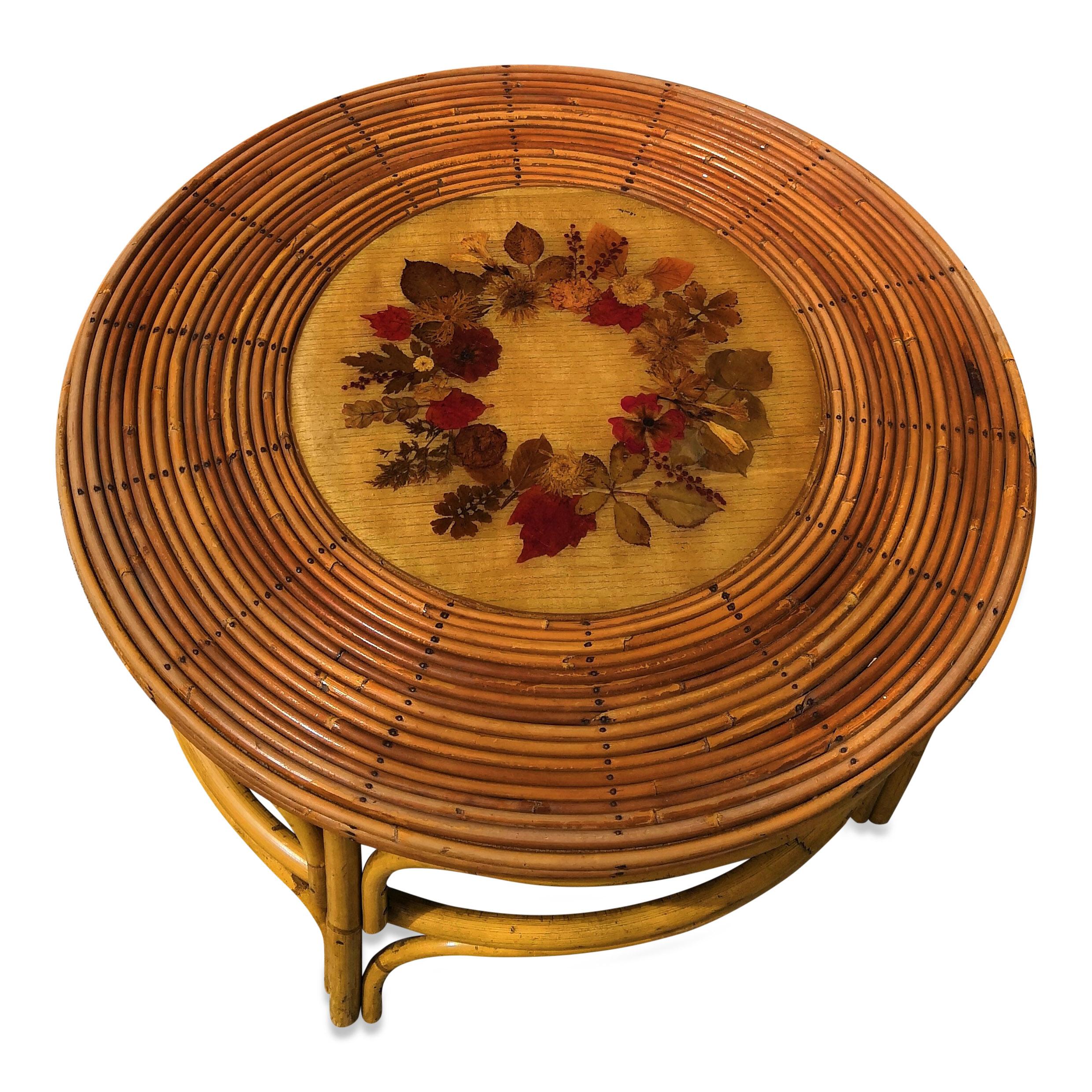 French Rattan Side Table with Floral Decor in Resin Center, France, 1950s