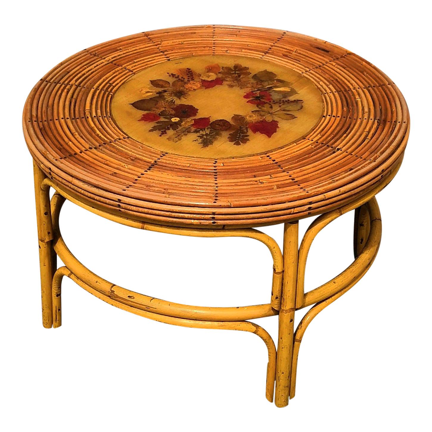 Rattan Side Table with Floral Decor in Resin Center, France, 1950s