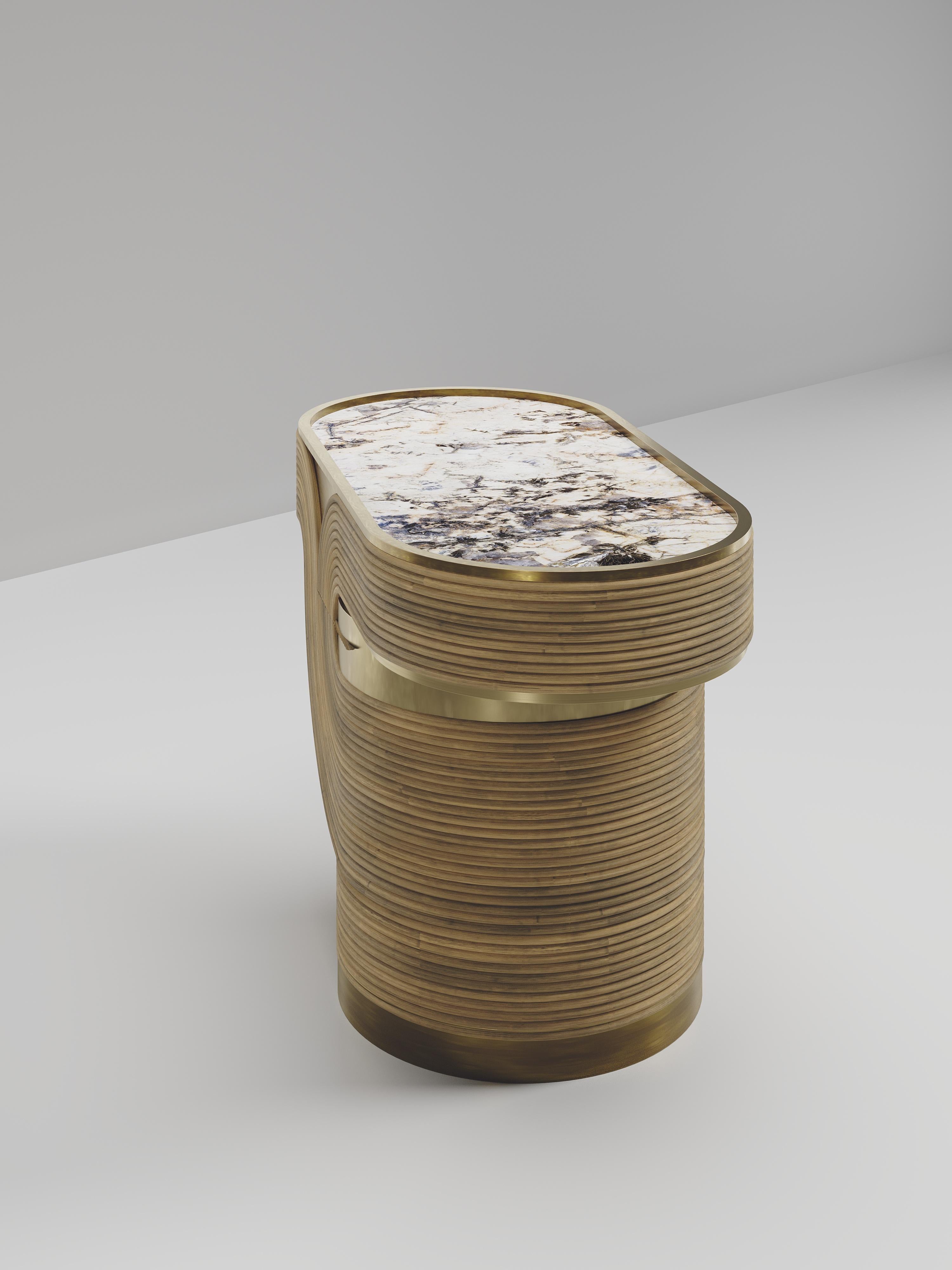 Contemporary Rattan Side Table with Patagonia and Bronze-Patina Brass Inlay by R&Y Augousti For Sale
