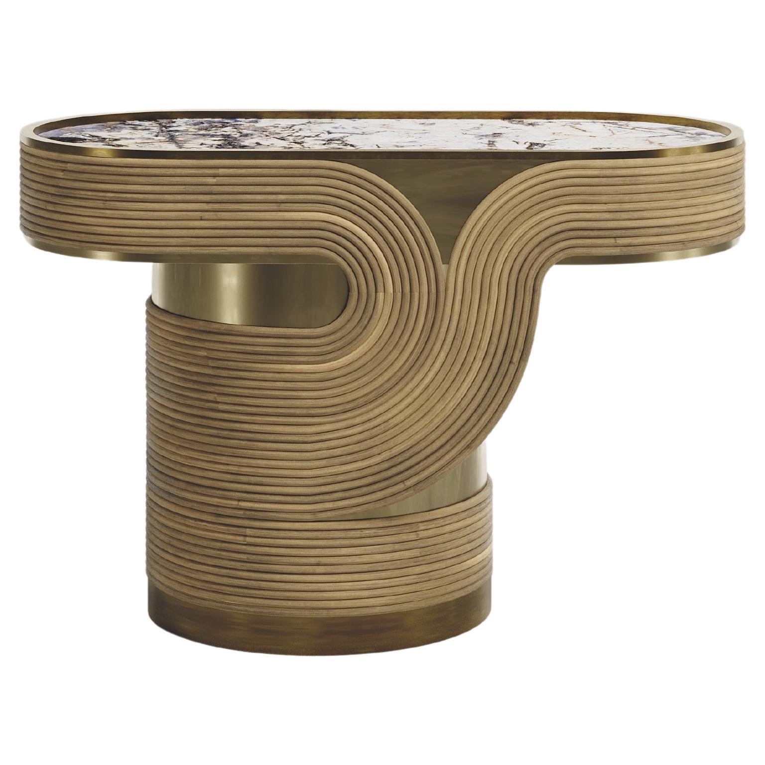 Rattan Side Table with Patagonia and Bronze-Patina Brass Inlay by R&Y Augousti For Sale