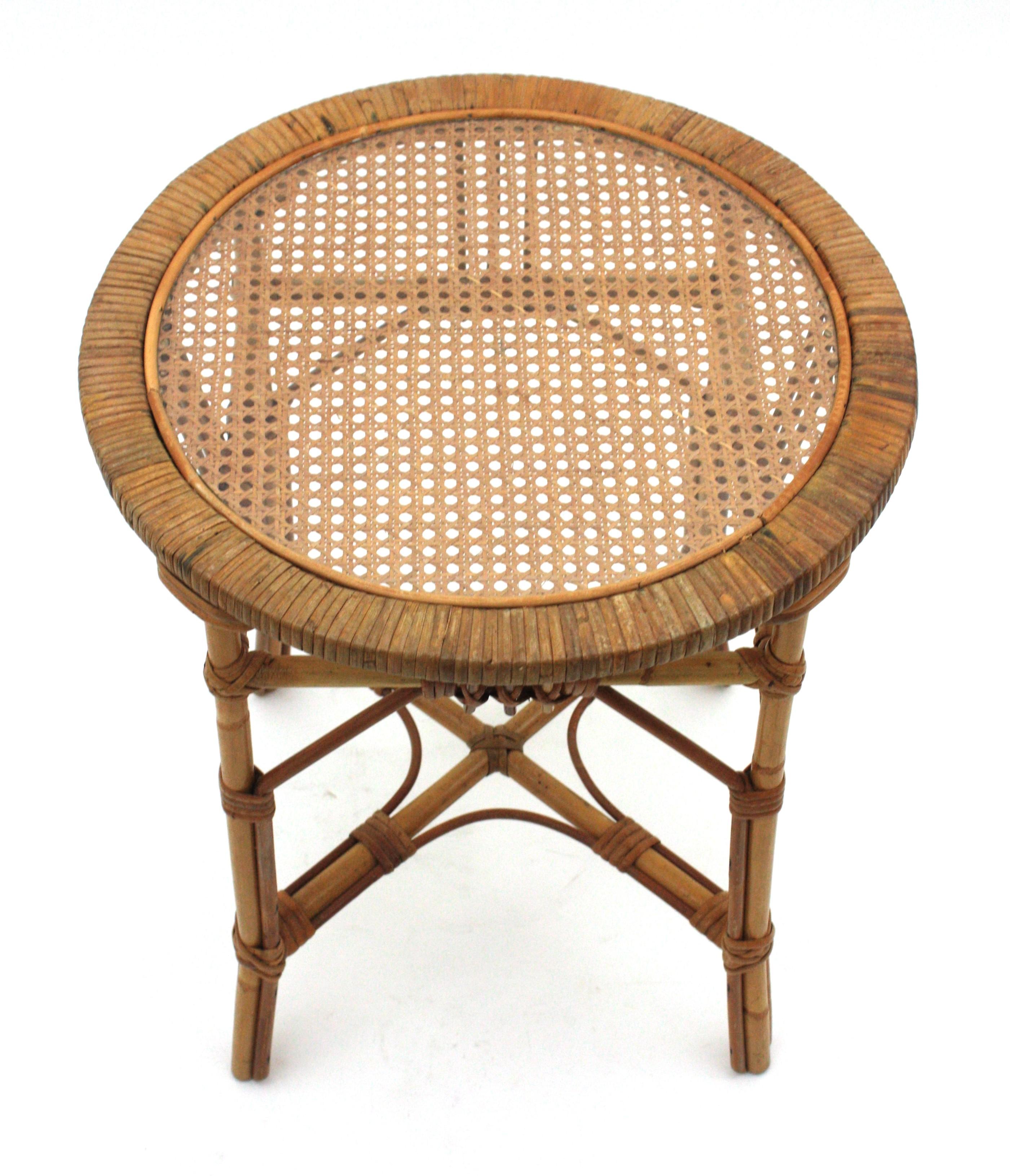 Rattan Side Table with Woven Wicker Top, France, 1960s 2
