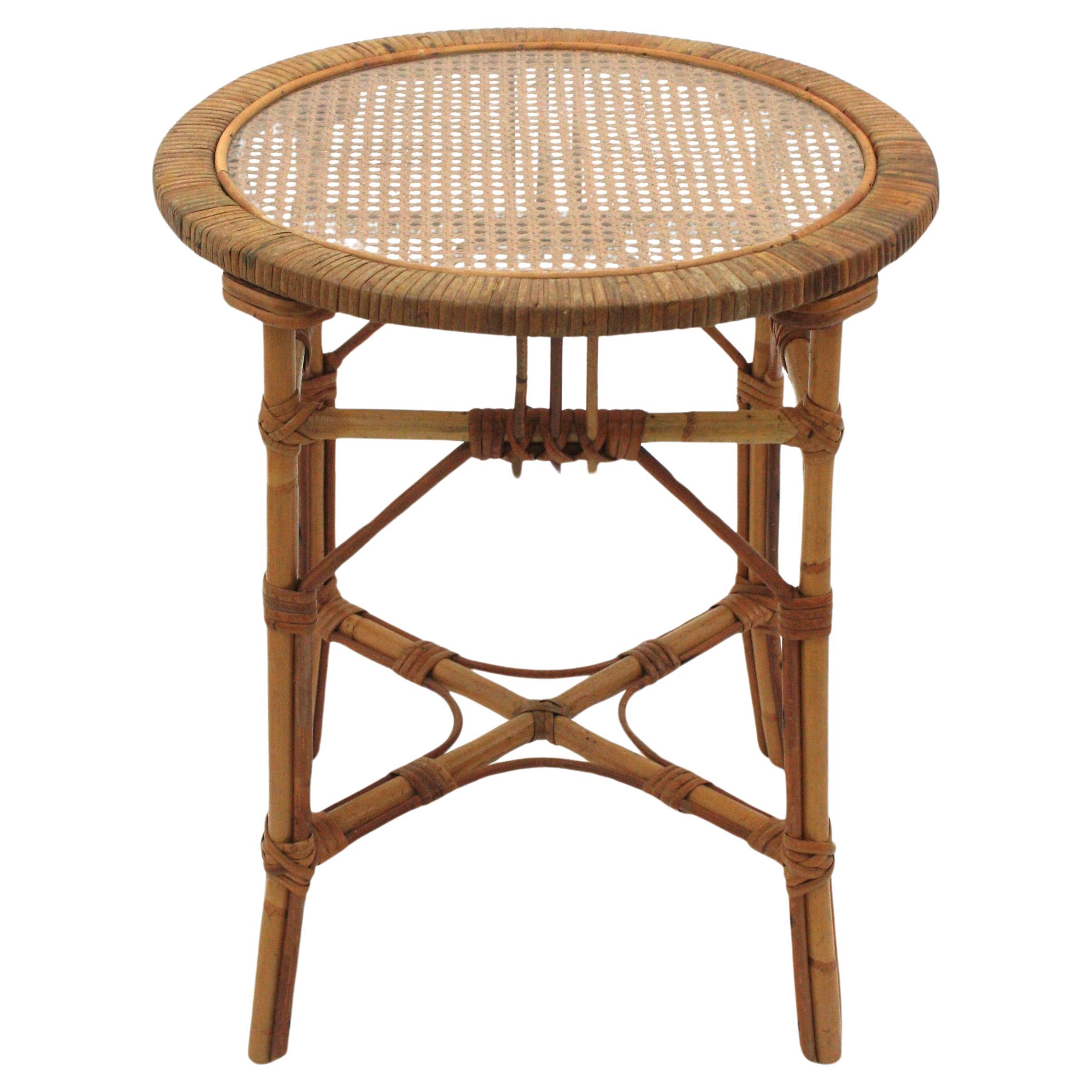 Rattan Side Table with Woven Wicker Top, France, 1960s 5