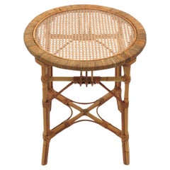Rattan Side Table with Woven Wicker Top, France, 1960s