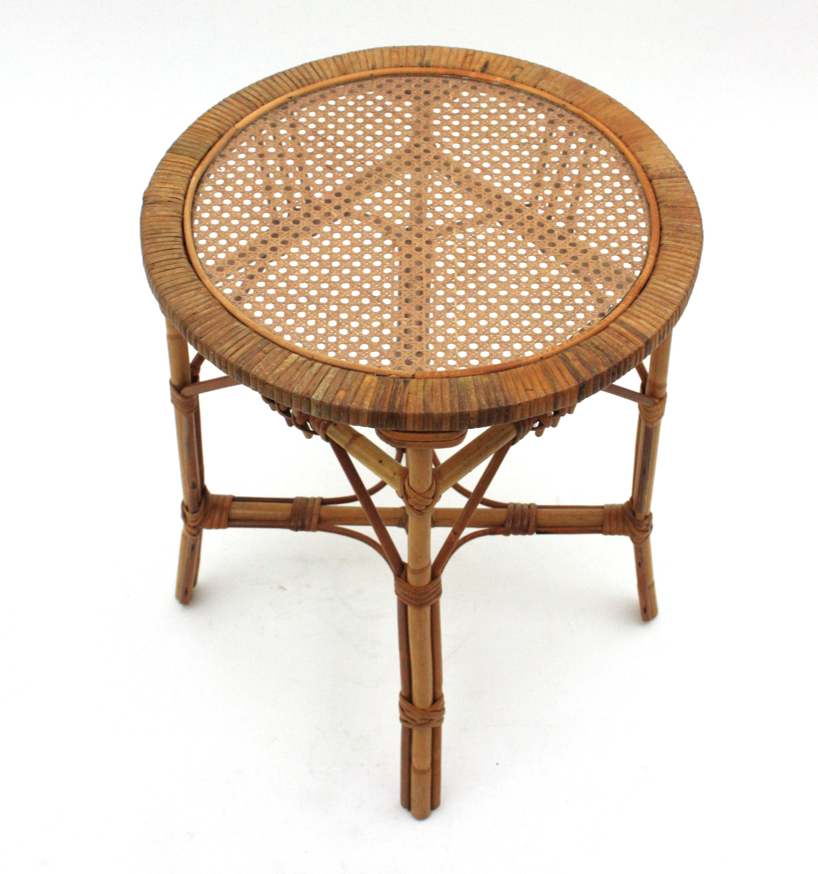 Mid-Century Modern Rattan Side Table with Woven Wicker Top, France, 1960s