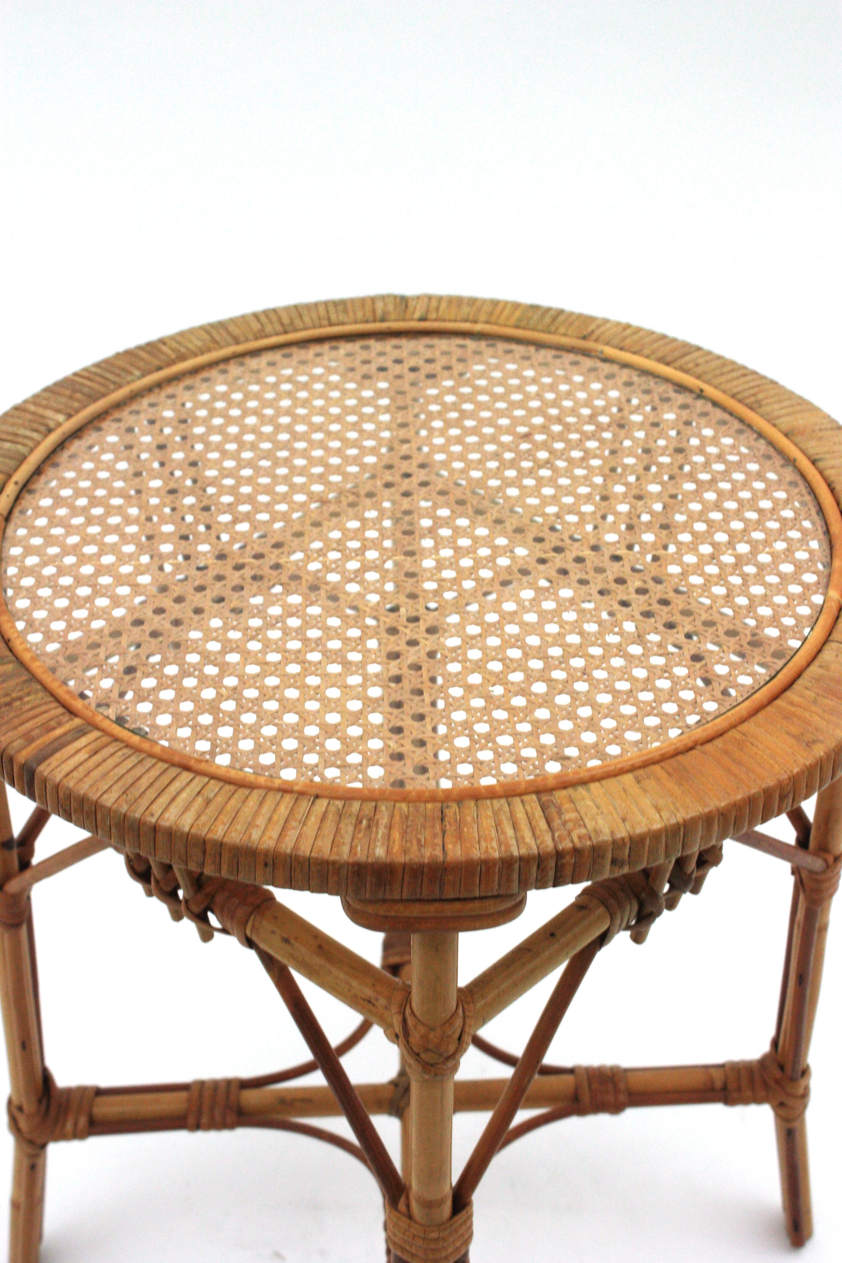 French Rattan Side Table with Woven Wicker Top, France, 1960s