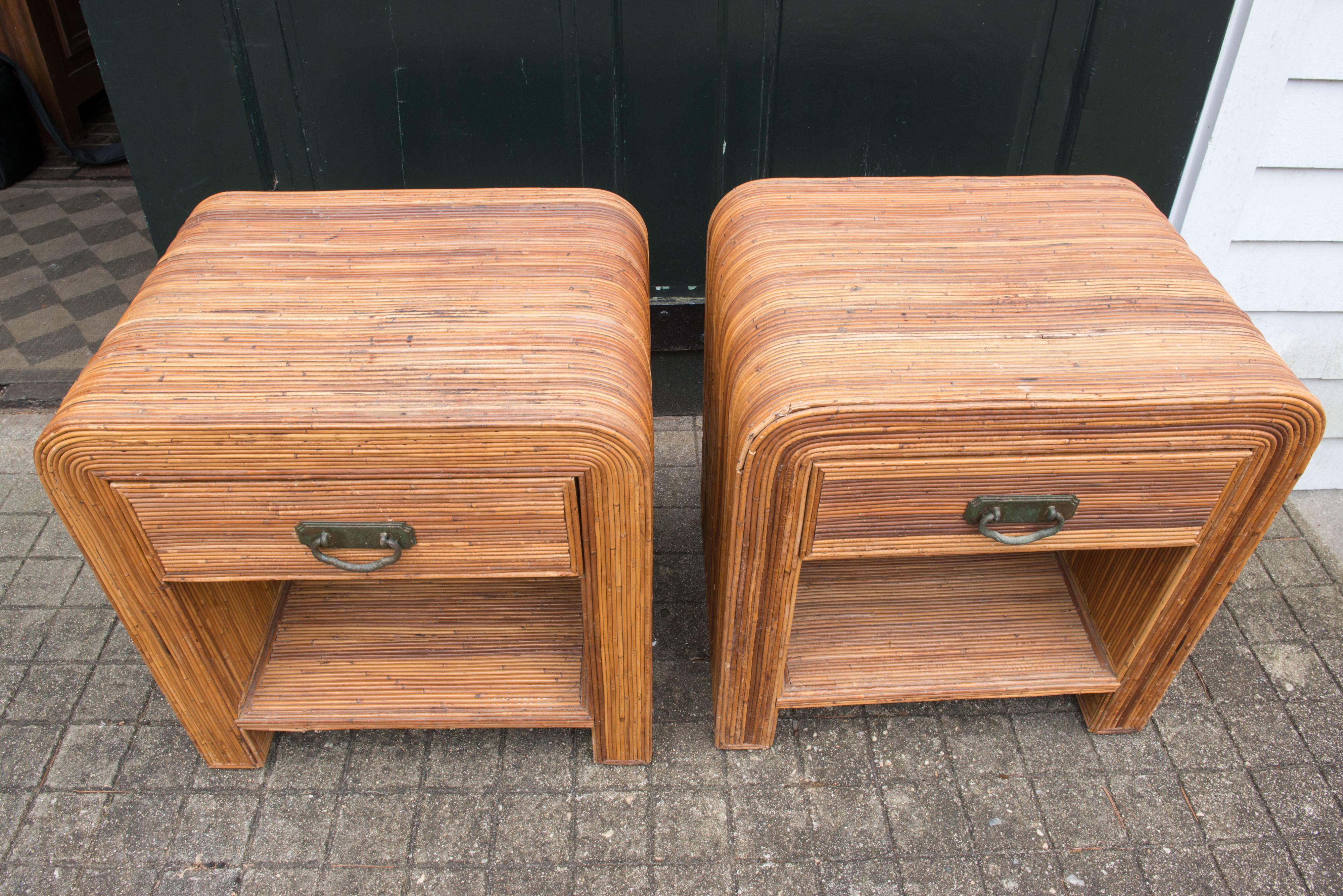 Mid-Century Modern Rattan Side Tables with Drawer