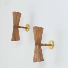 Hand-Crafted Rattan Wall Sconce Pair with Brass Accents, Mid-Century