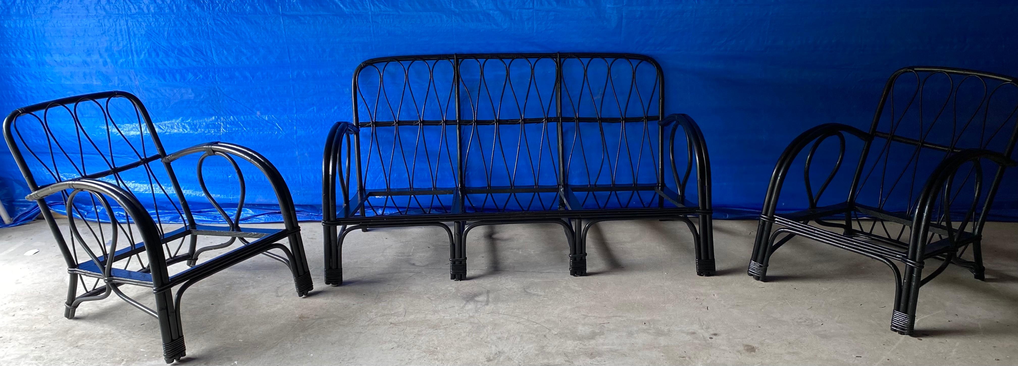 Rattan Sofa and 2 Matching Lounging Arm Chairs In Good Condition In Sheffield, MA