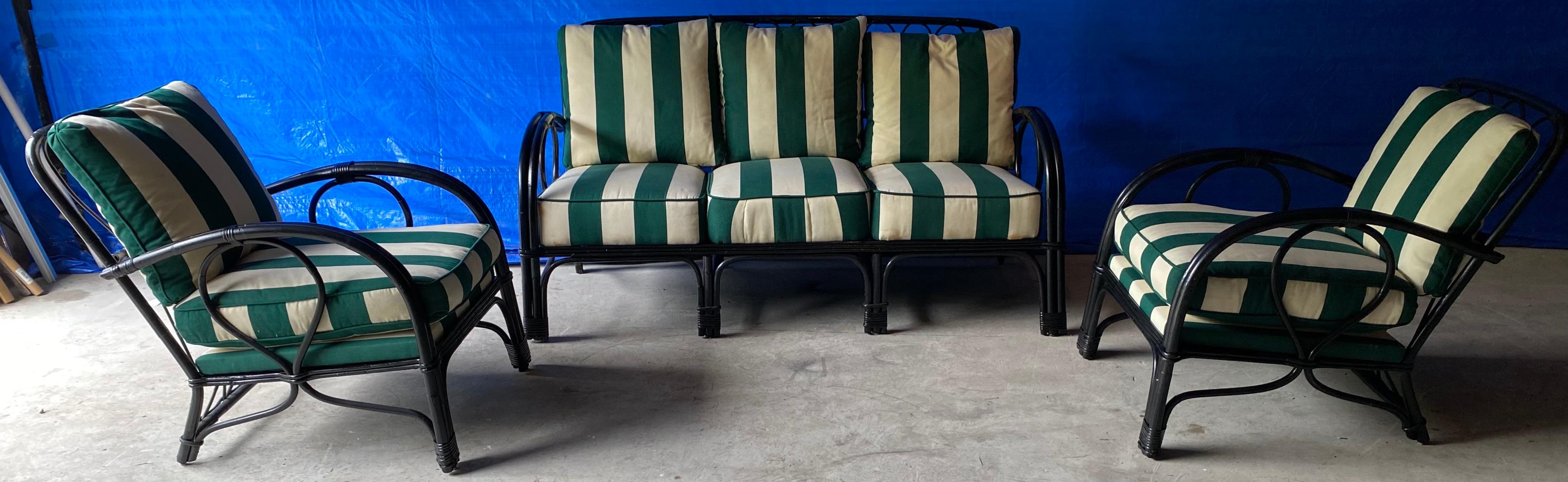20th Century Rattan Sofa and 2 Matching Lounging Arm Chairs For Sale