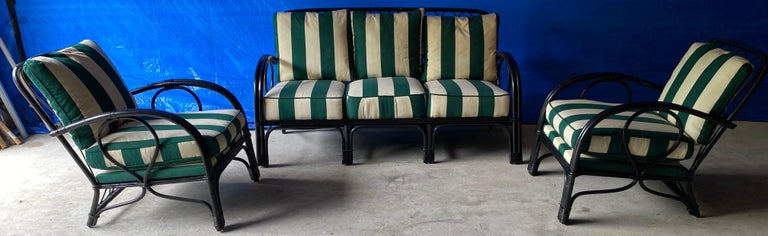 Rattan Sofa and 2 Matching Lounging Arm Chairs For Sale 2
