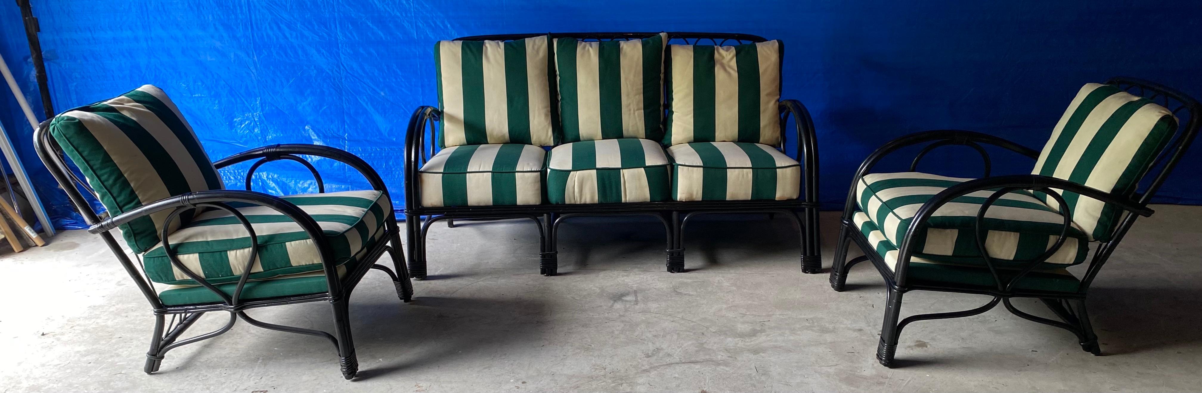 Wicker Rattan Sofa and 2 Matching Lounging Arm Chairs For Sale