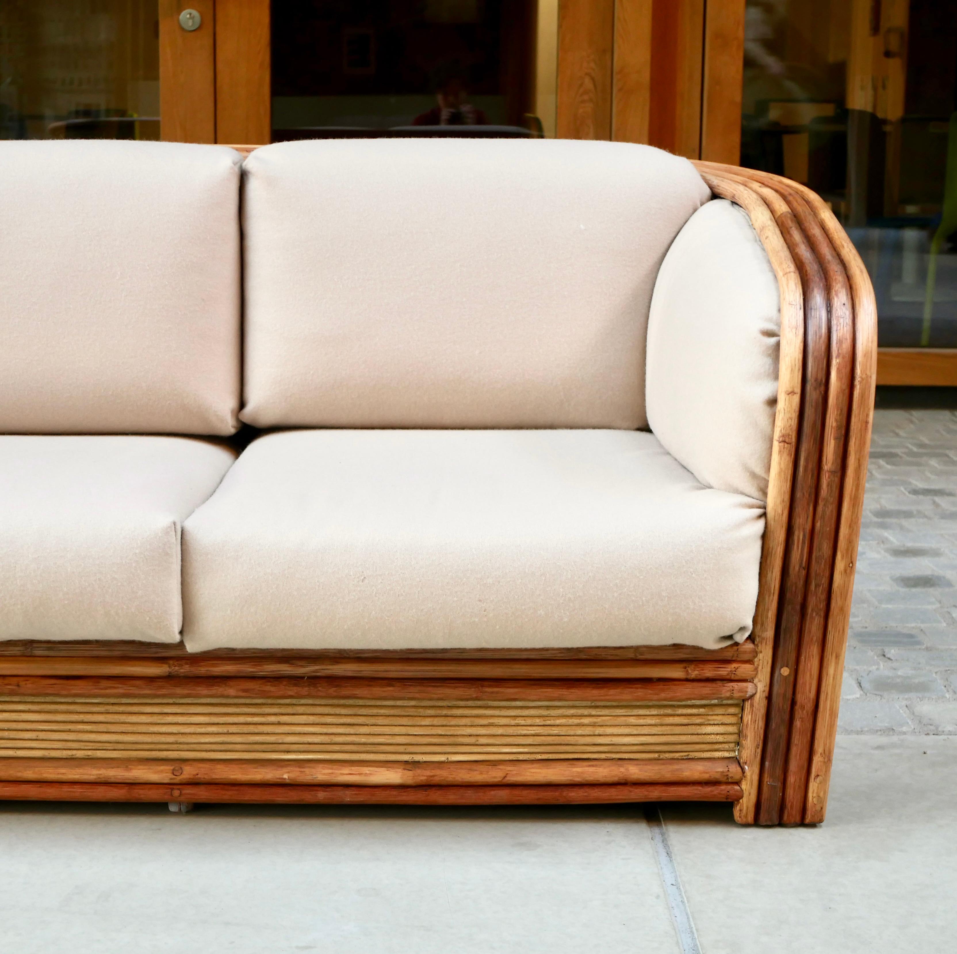 French Rattan sofa and armchairs lounge set by Maugrion for Roche Bobois, France, 1980s