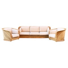 Vintage Rattan sofa and armchairs lounge set by Maugrion for Roche Bobois, France, 1970s