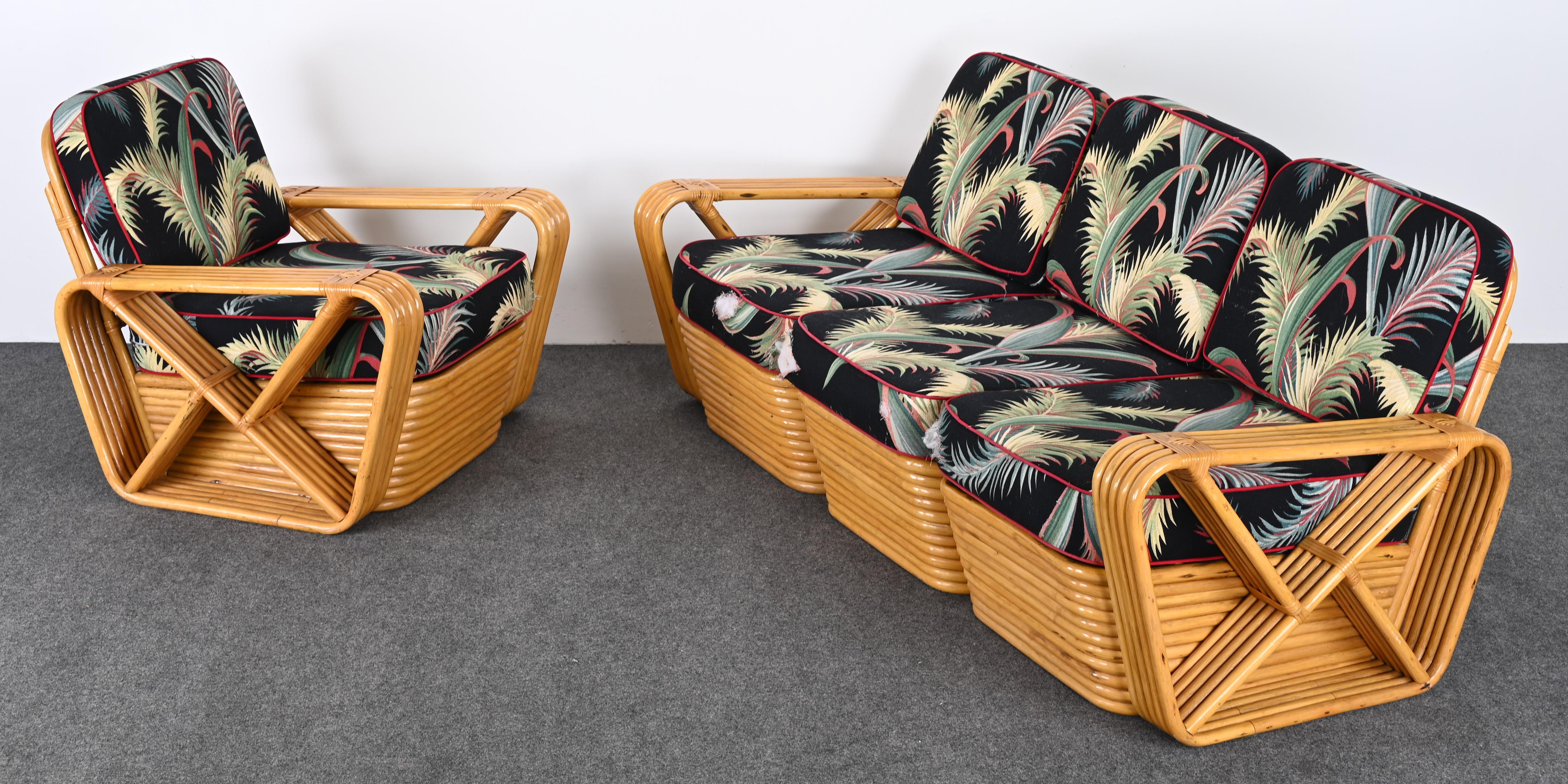 A beautiful Organic Modern rattan sofa and lounge chair in the style of Paul Frankl. The fabric is the original vintage fabric which dates the set to around 1940-1950s. New upholstery necessary. The rattan is vintage and in very good condition.