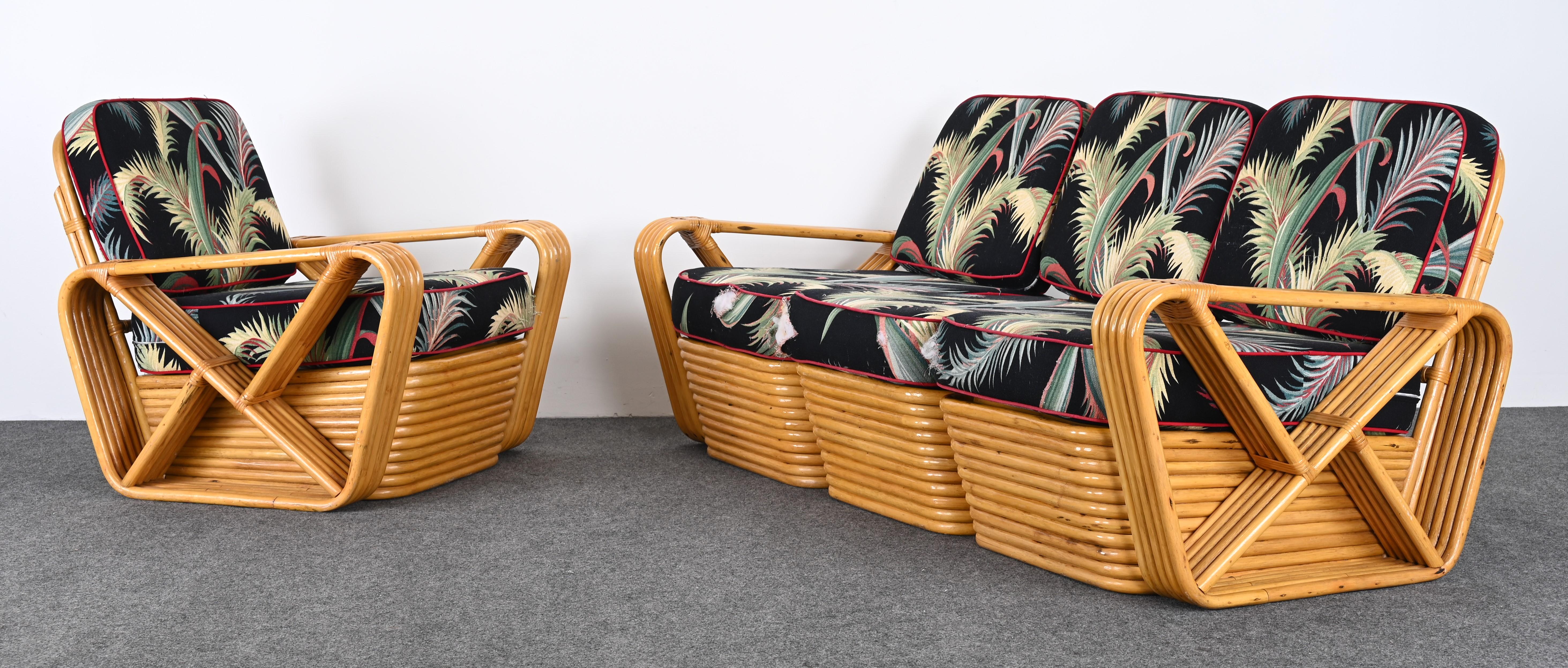 Organic Modern Rattan Sofa and Lounge Chair after Paul Frankl, 1940s