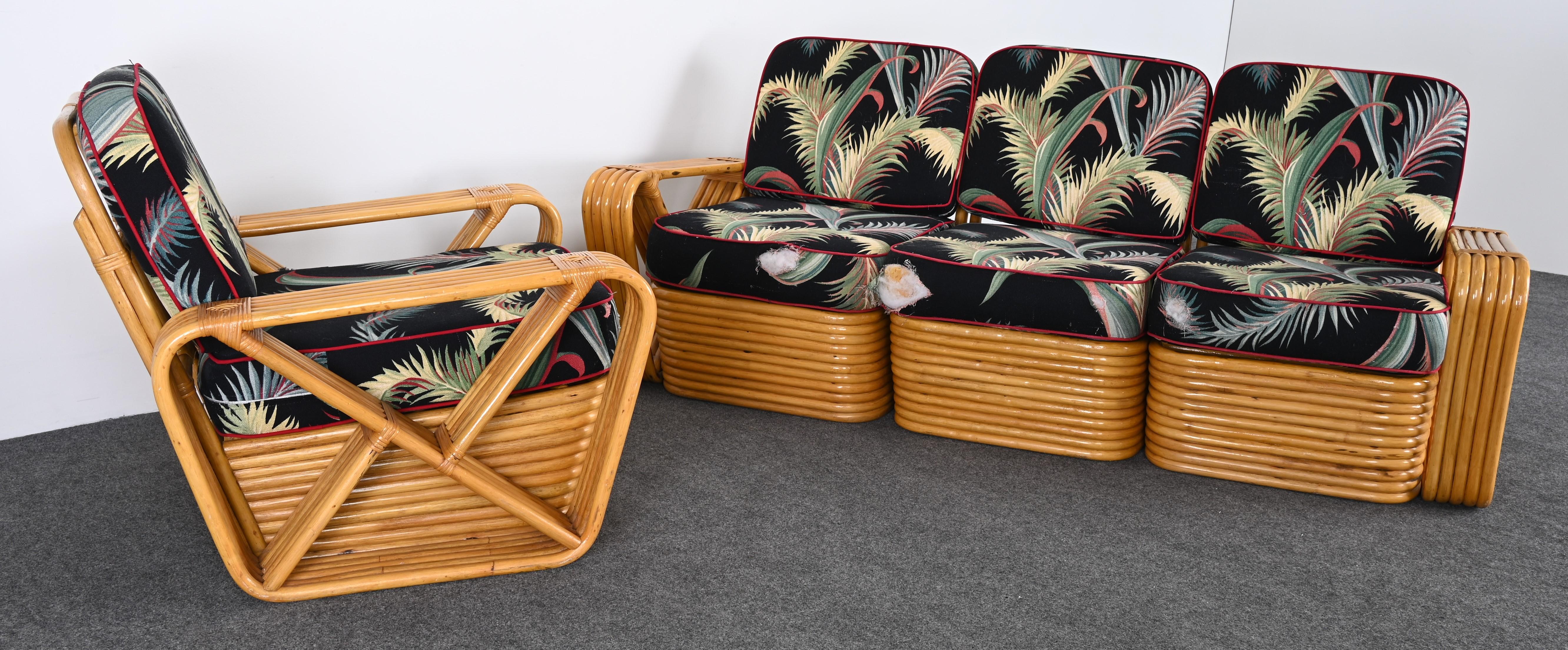 Mid-20th Century Rattan Sofa and Lounge Chair after Paul Frankl, 1940s