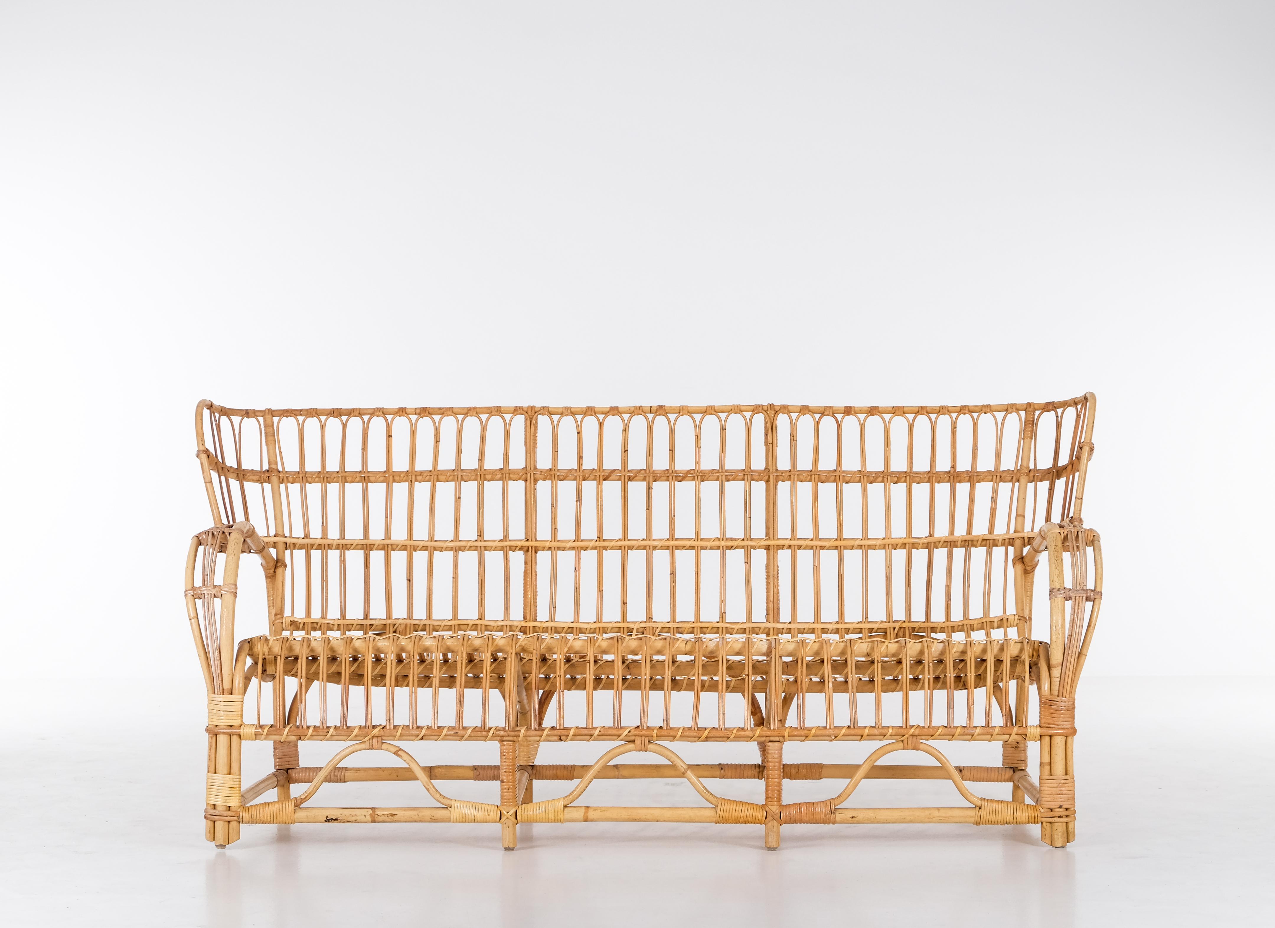 Mid-20th Century Rattan sofa, attributed to Viggo Boesen, Denmark, 1960s For Sale