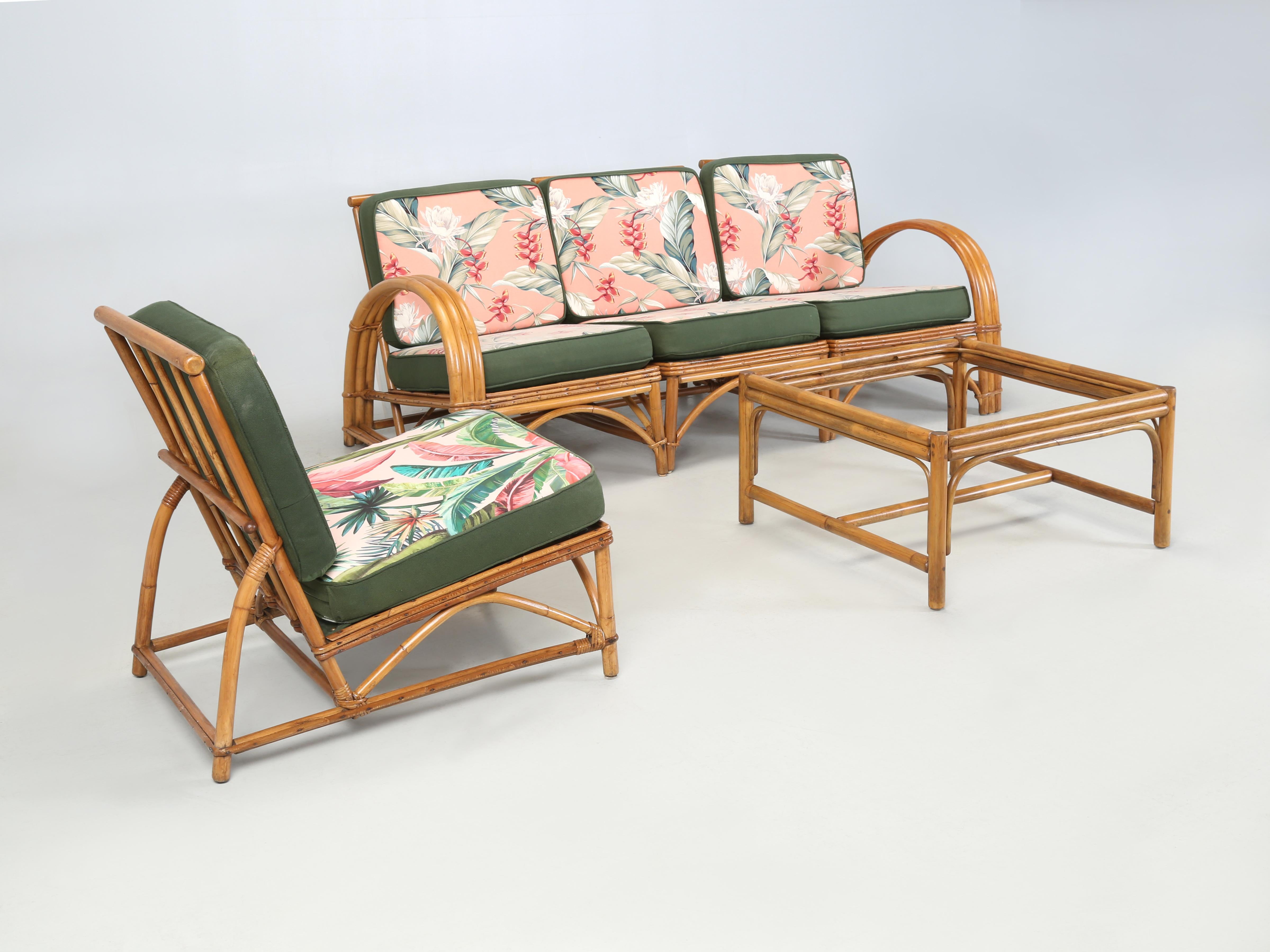 Rattan-Sofa, Rattan-Couchtisch und -Stuhl aus den 1960er Jahren, zugeschrieben Reed LA CA (amerikanisch) im Angebot