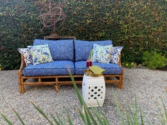 Rattan Sofa with Blue Upholstery