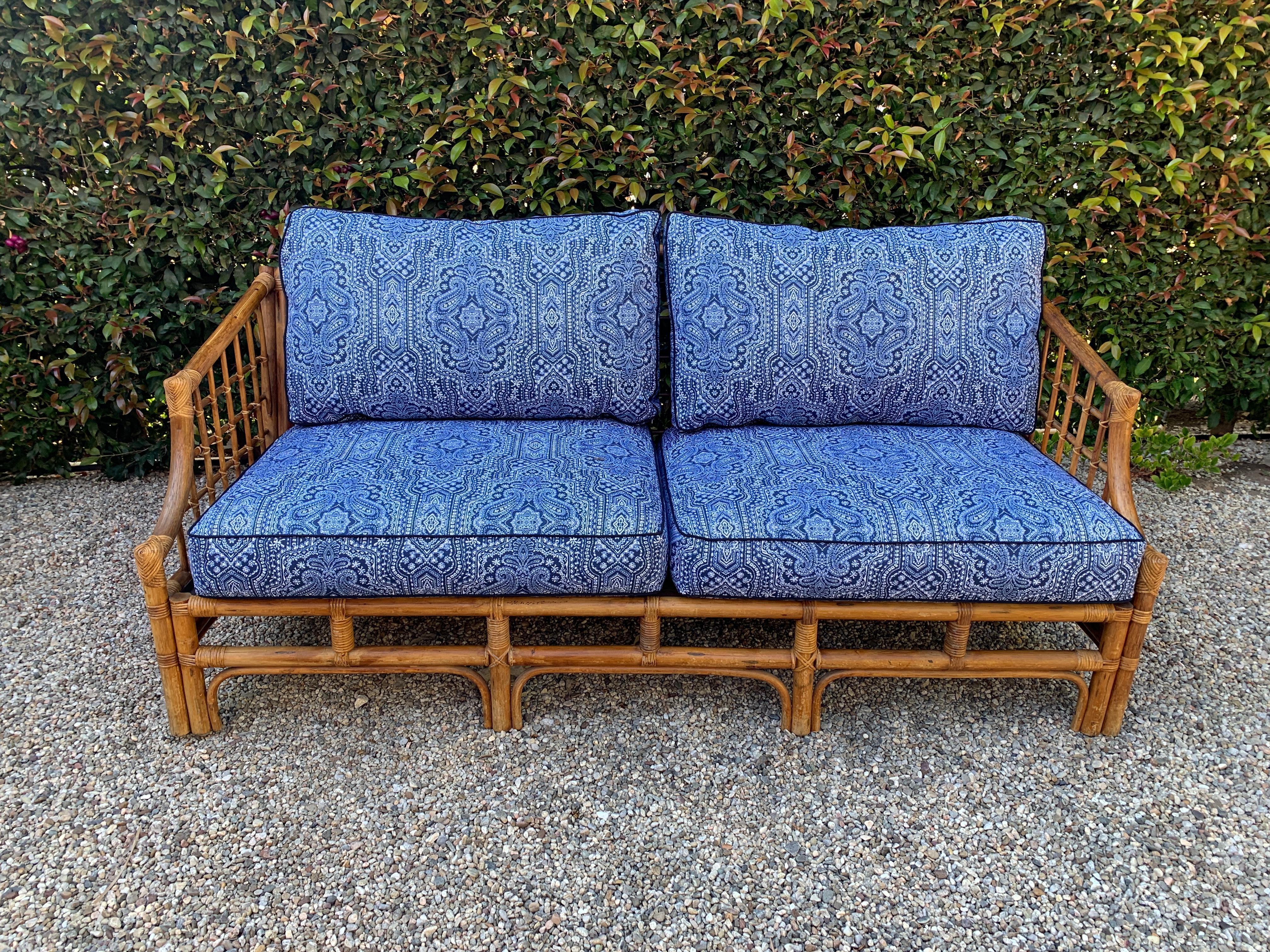 20th Century Rattan Sofa with Blue Upholstery For Sale