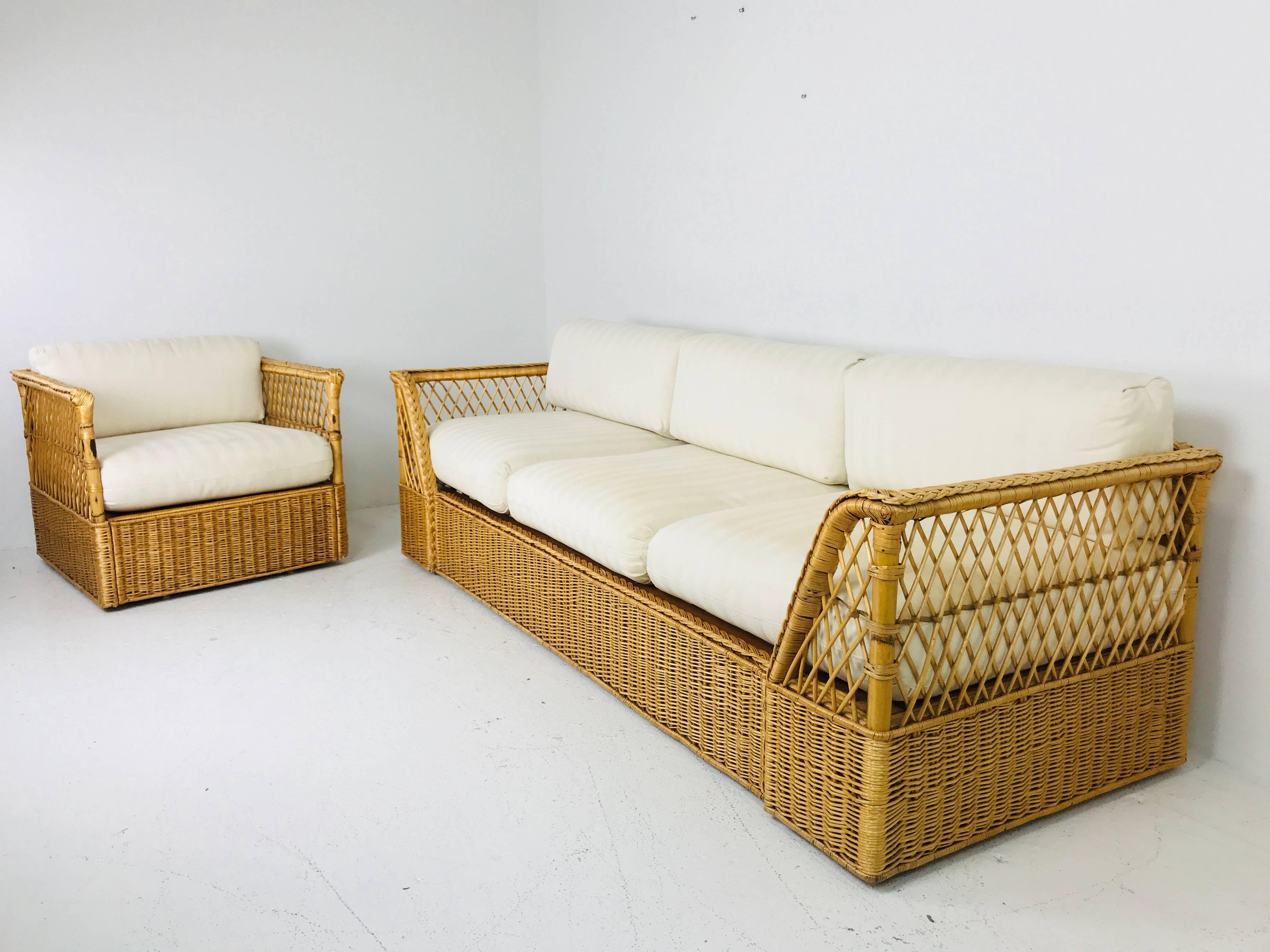 Mid-Century Modern Rattan Sofa with Upholstered Cushions by McGuire